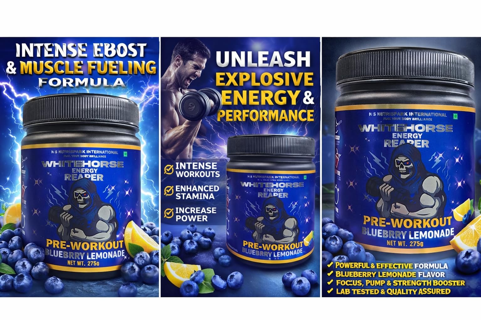 NutriSpark White Horse Pre-Workout Powder – Creatine HCl, Beta-Alanine & Glutamine – Energy, Endurance & Muscle Support – No Crash Formula – Blueberry Lemonade Flavor – 275g 3