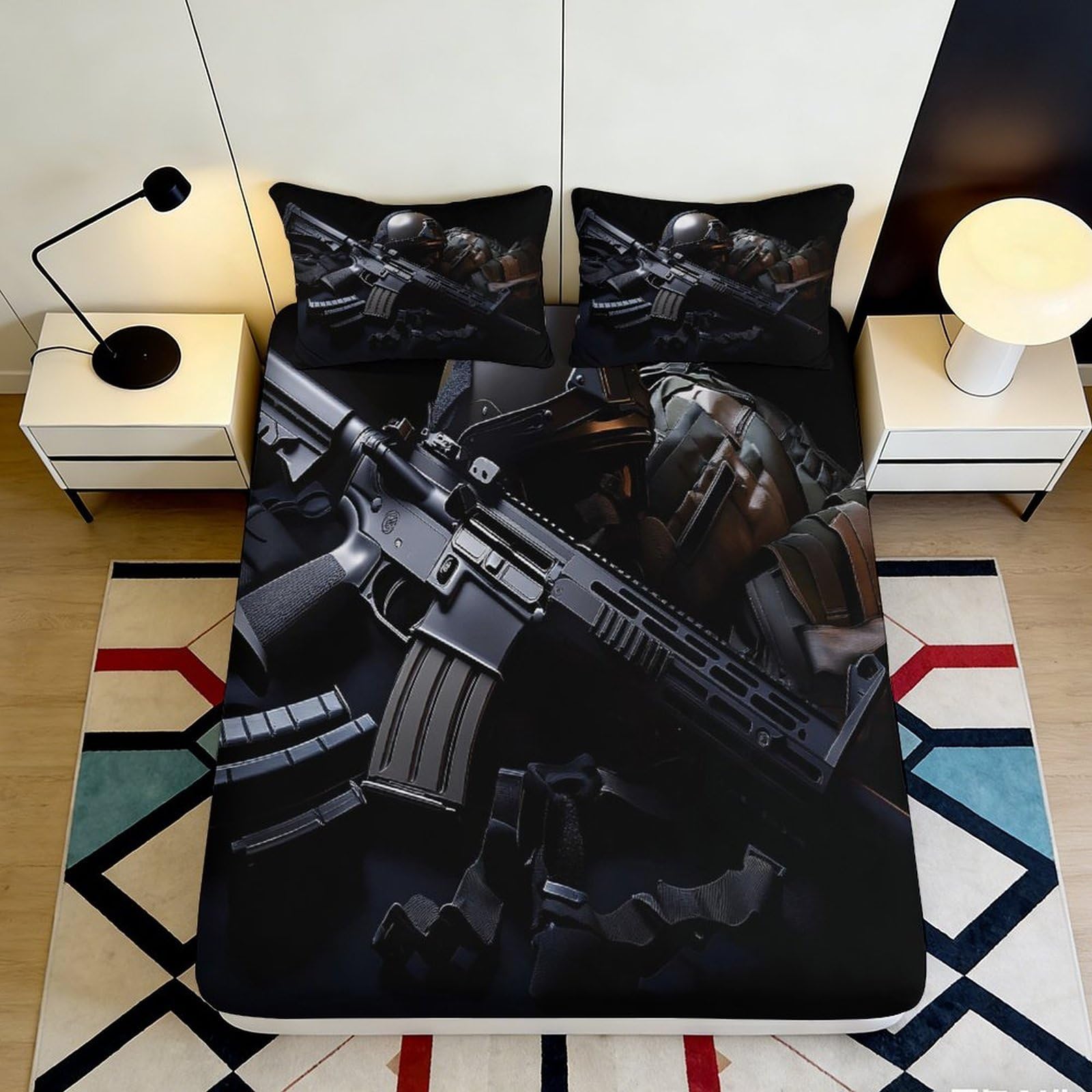 3D Printed Tactical Black Rifle Fitted Sheet Microfiber Soft Bedroom Decor Camouflage Gun Bed Cover 90x200x25cm
