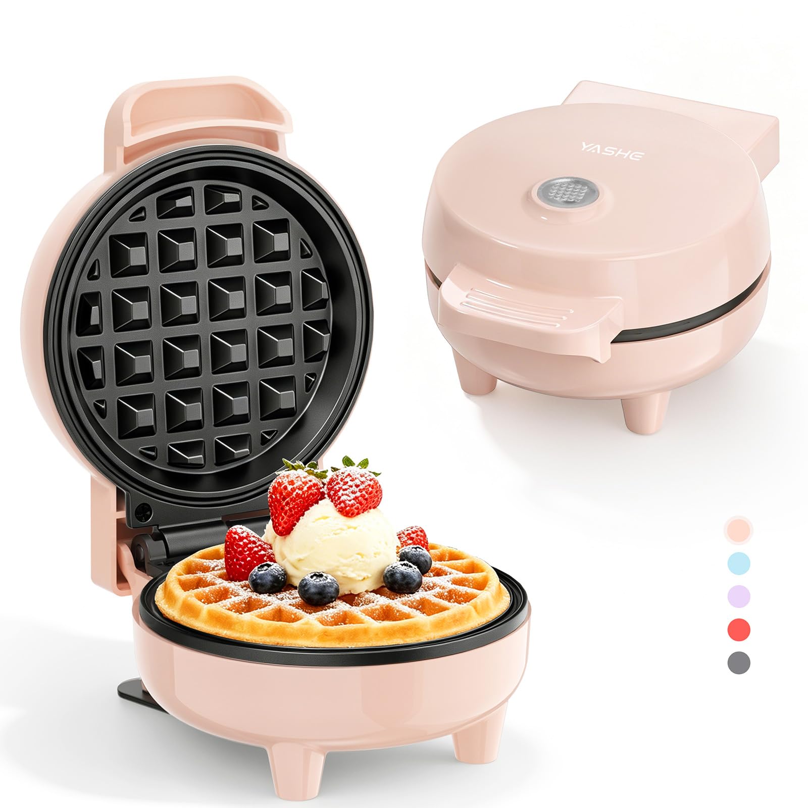 YASHE Mini Waffle Maker, 550W Non-Stick Waffle Iron, Pink