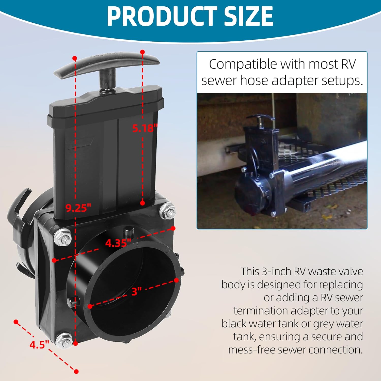 TonGass 3-Inch RV Waste Valve Body with Handle, Durable RV Sewer Valve Replacement for Campers, Trailers, and Motorhomes, Mess-Free Water Valves, Heavy-Duty Camper Sewer Pipe Fitting - Black