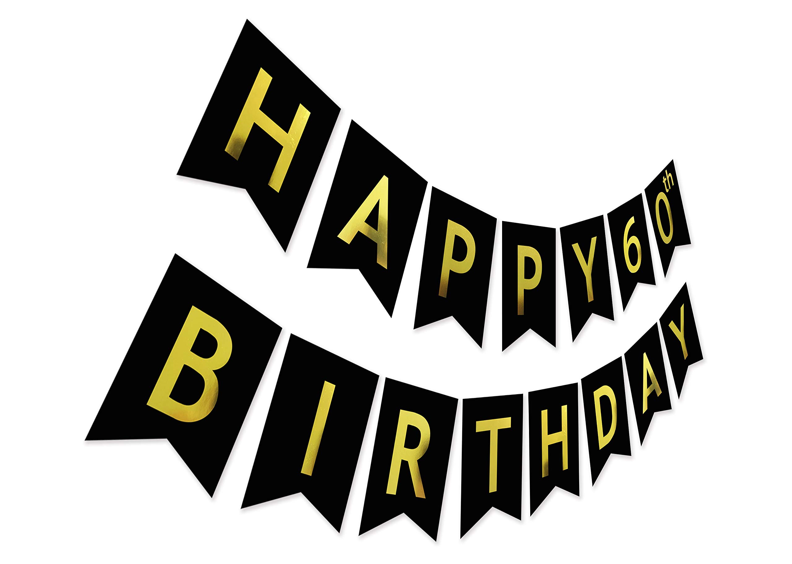 Gold Black 60th Birthday Banner, Pre Strung 60th Happy Birthday Sign, Ready to Hang Party Bunting