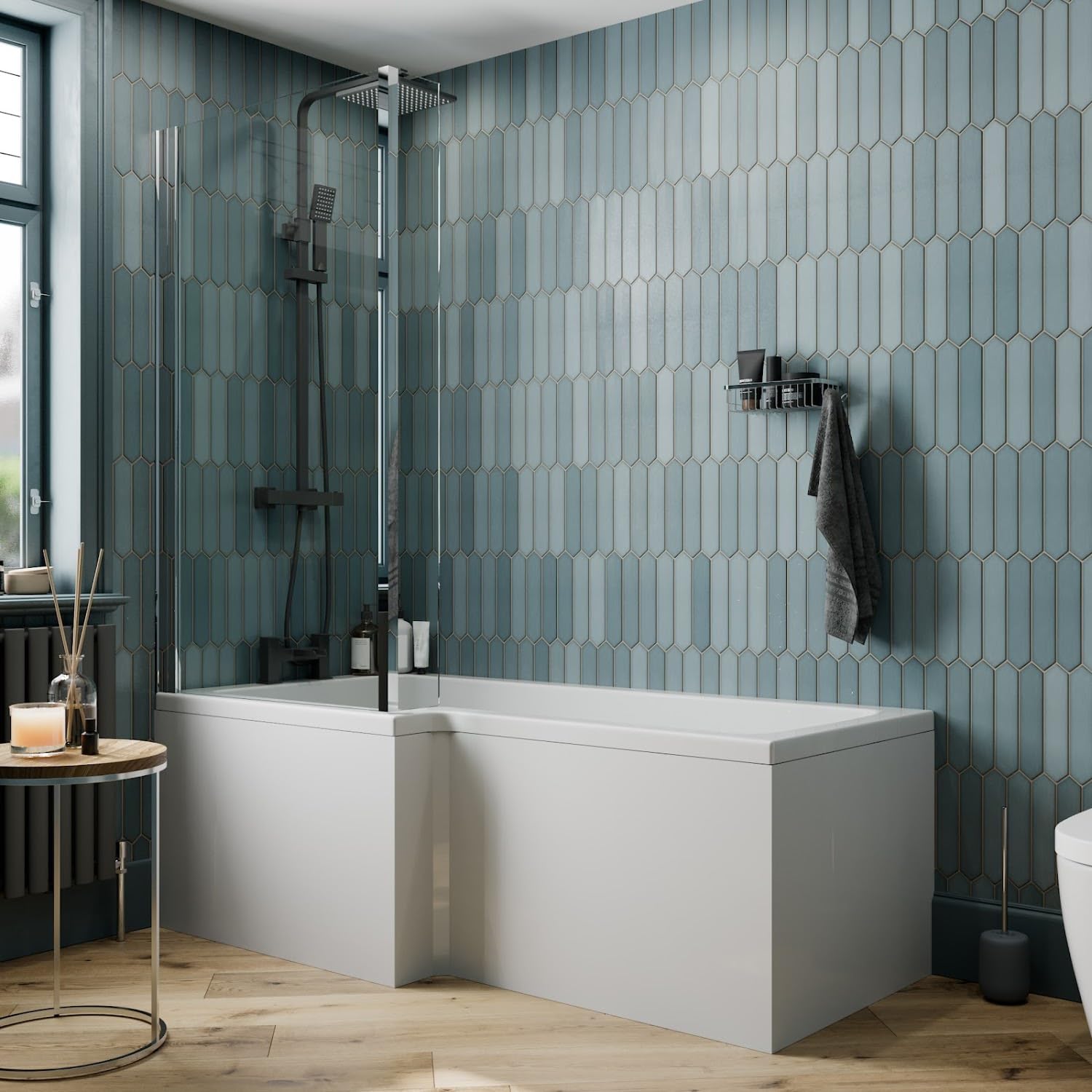 BAYSTONE 1700 x 855mm Left Hand L Shaped Shower Bath Bathtub with Front Panel + Chrome Bath Screen