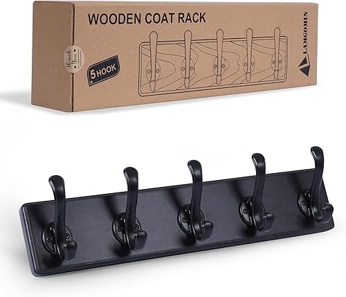 Miniatura 15 de Perchero de madera rústica para colgar abrigos, colgador de pared, ganchos dobles resistentes para colgar abrigos, chaquetas, toallas, sombreros,