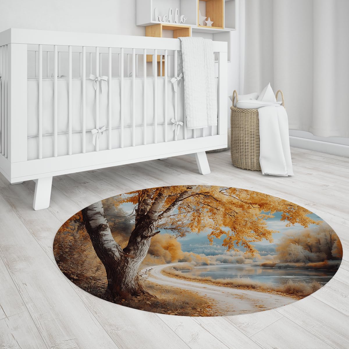 Maschinenwaschbar 120cm Rundteppich Naturlandschaft Herbstwald rutschfest Naturlandschaftsdruck Flachflor für Wohnzimmer Schlafzimmer Esszimmer Küche Innen