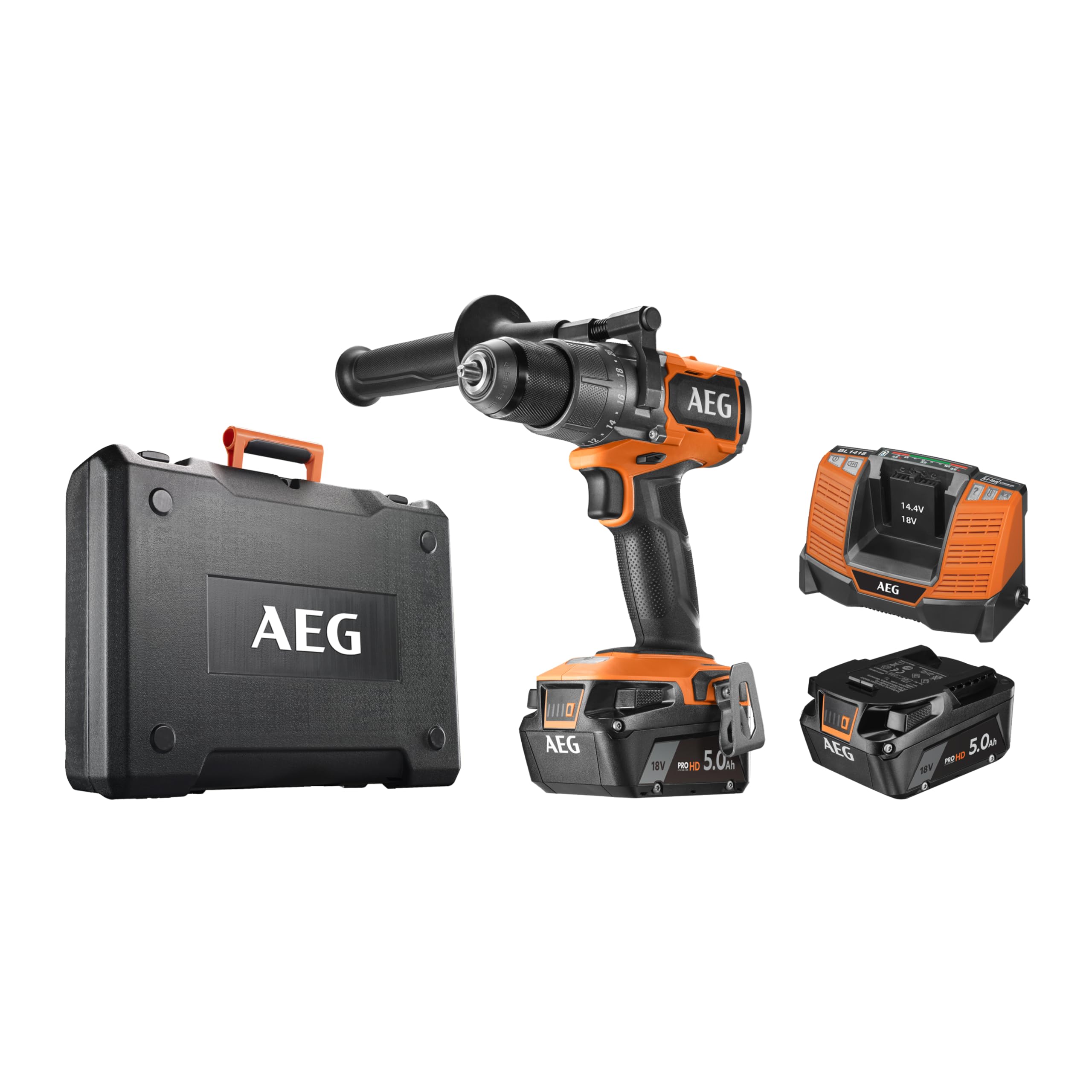 AEG Trapano Avvitatore a Percussione Brushless 18V Professionale con 2 Batterie 5.0Ah e Valigetta, Mandrino in Metallo, 110 Nm, 31.500 colpi/min, 2 Velocità, LED, BSB18C3BL-502C