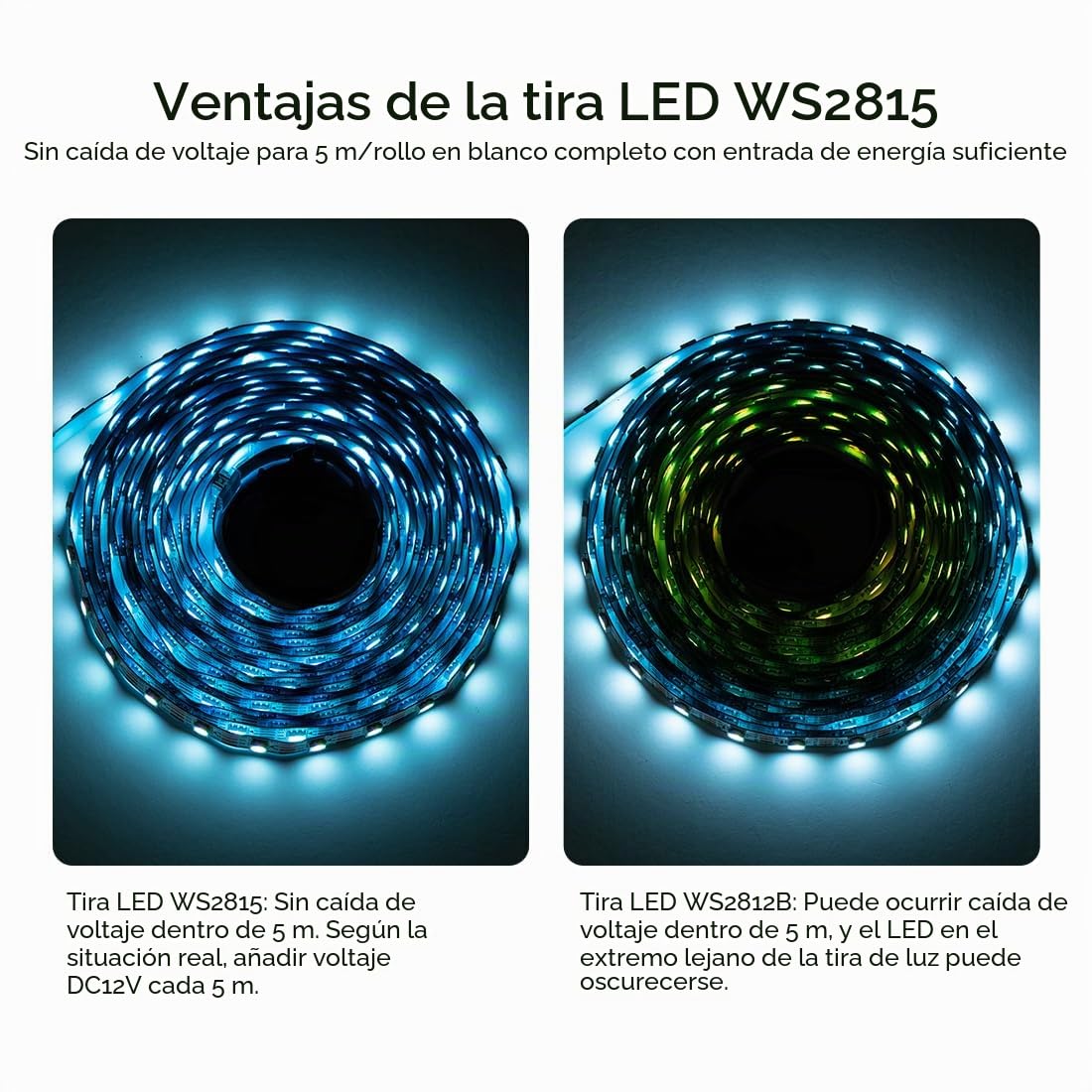 SEZO WS2815 Tira de LED RGB IC(WS2812B Mejorado) DC12V 5M 60LEDs/m Dimmable Color de Ensueño Direccionable Individualmente tira de LED 5050SMD Señal Dual Tira de Luz LED IP65 Impermeable para DIY