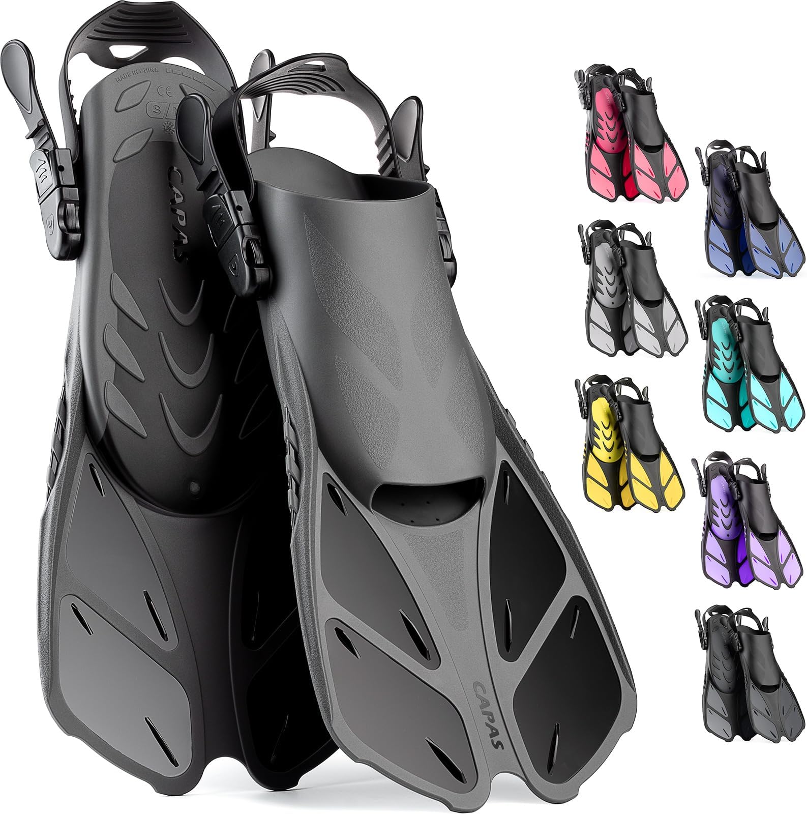 Snorkel Fins, Swim Fins Travel Size Short Adjustable for Snorkeling Diving Adult Men Women Kids Open Heel Swimming Flippers