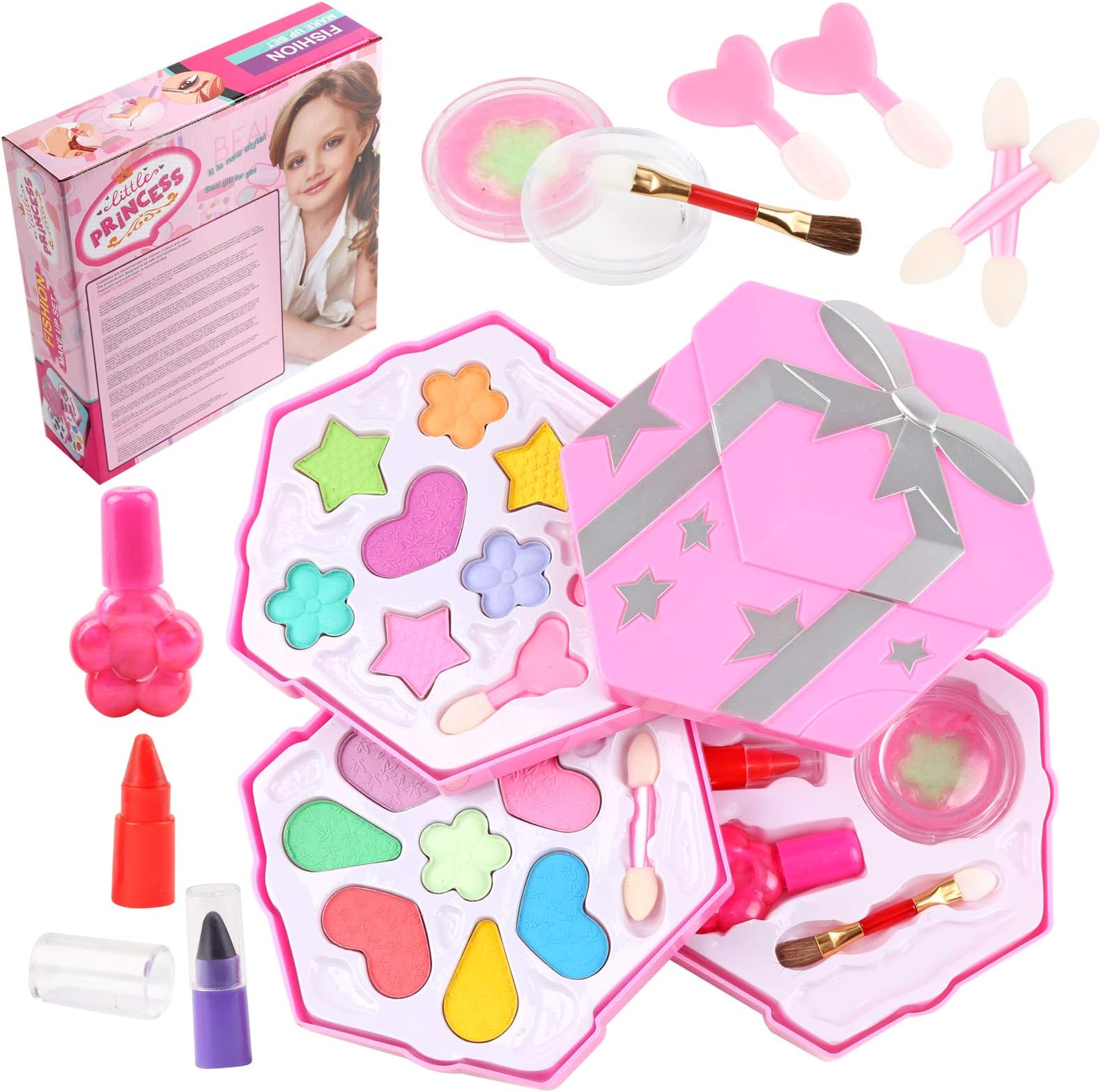 Voccim Washable Makeup Toy Set for Kids - Girl Princess Makeup Kit Cosmetic Case, Pretend Play Beauty Toys for Toddlers 5 6 7 8 9 Year Old Birthday Gift