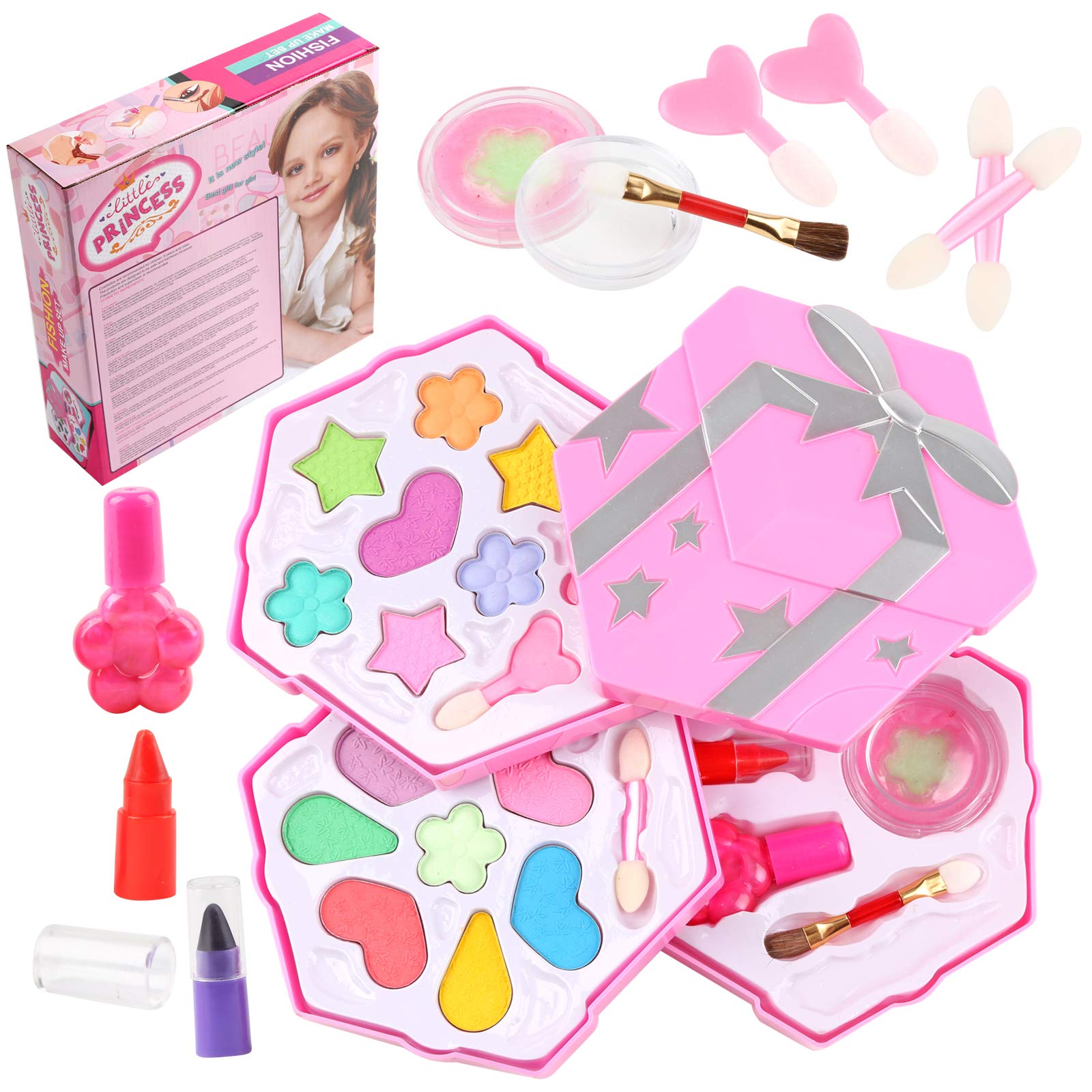 Voccim Washable Makeup Toy Set for Kids - Girl Princess Makeup Kit Cosmetic Case, Pretend Play Beauty Toys for Toddlers 5 6 7 8 9 Year Old Birthday Gift