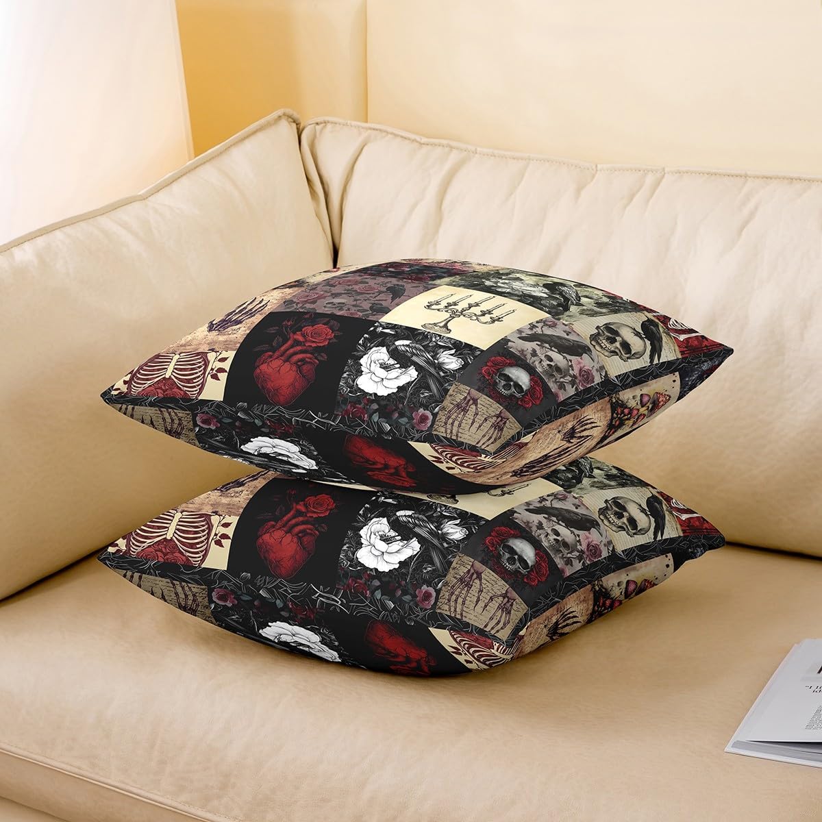 Boho Skeleton Throw Pillow Covers,Rose Flower Crow Pillows Cushion Covers for Couch Sofa Bed Decor,Gothic Mushroom Skull Pattern Pillows Covers Red Black Patchwork Plaid Cushion Case,24"Lx24"W