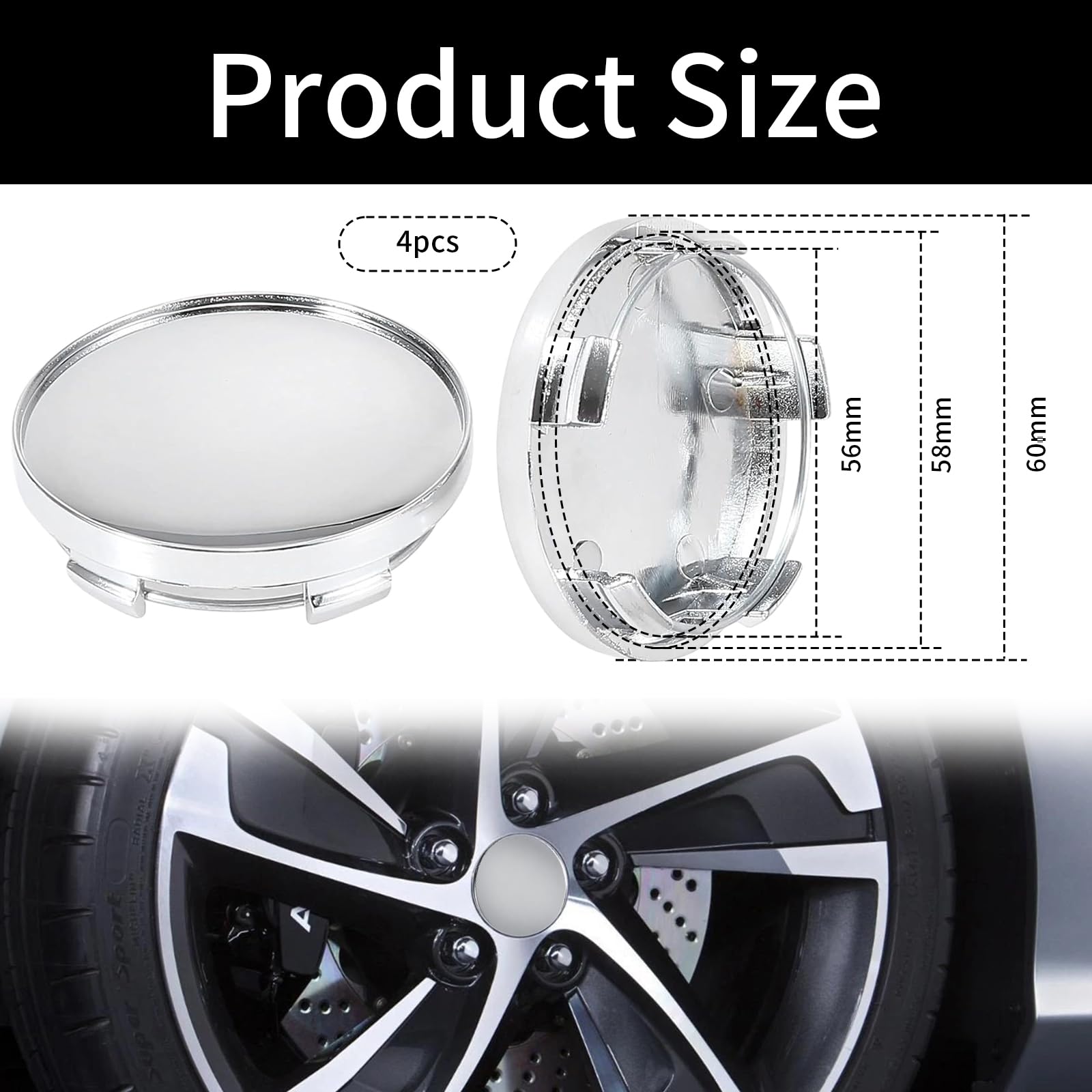 4 Cache-moyeux Universels Voiture | Enjoliveurs ABS Argenté 60 Mm Ext / 56 Mm Int | Protection Jante - 3