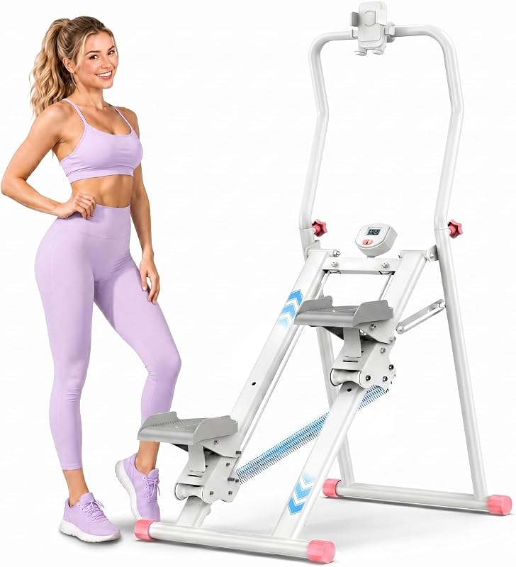 EPHESPORT Escalera paso a paso para el hogar con resistencia a alta tensión de 3 niveles | Diseño plegable, escalador de escaleras 2.0 con manillar ajustable en altura, pedales anchos antideslizantes, glúteos de piernas y cardio de cuerpo completo