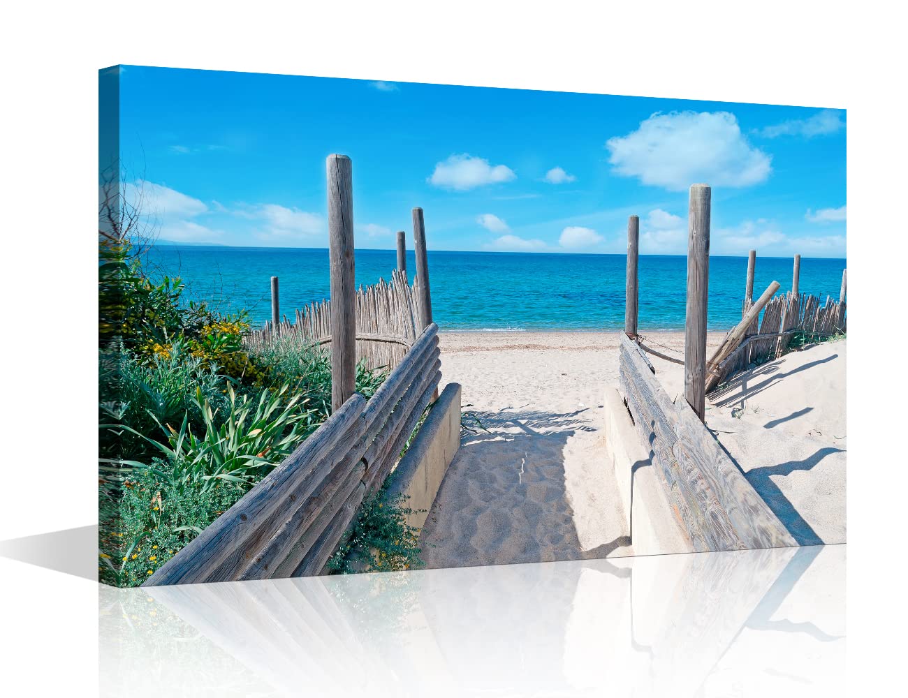 TISHIRON Beach Pathway Canvas Wall Art Seascape Painting Seaside Fence Artwork Picture Print for Living Room Bedroom Home Office Wall Decor Modern Coastal Landscape Ready to Hang (12X8in)