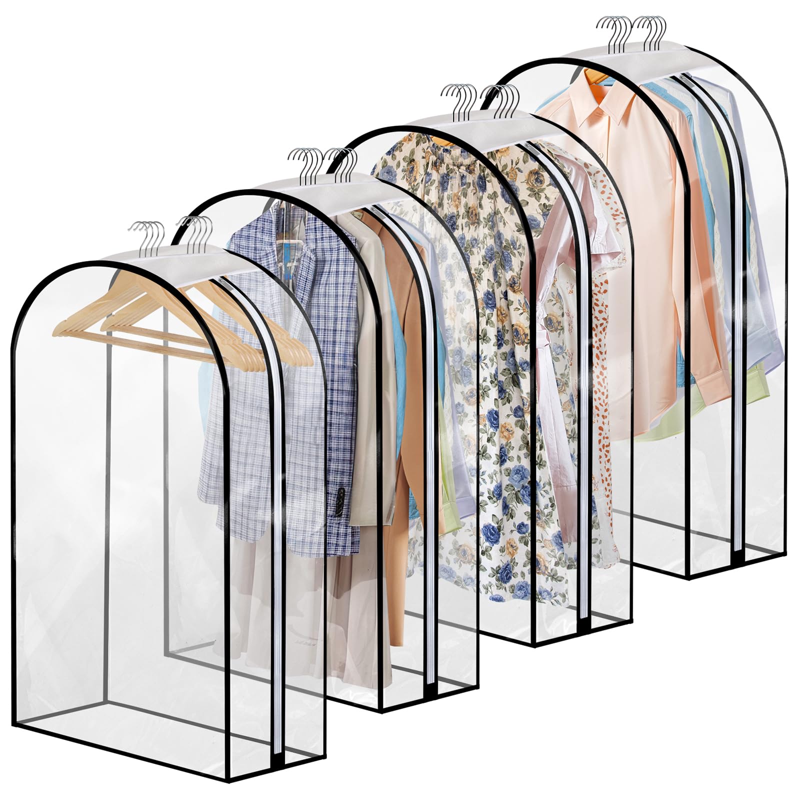 4 Pack Full Clear Garment Bags, 40" Clothes Covers with 10" Gusseted, Transparent Bags for Hanging Clothes Suit Bags