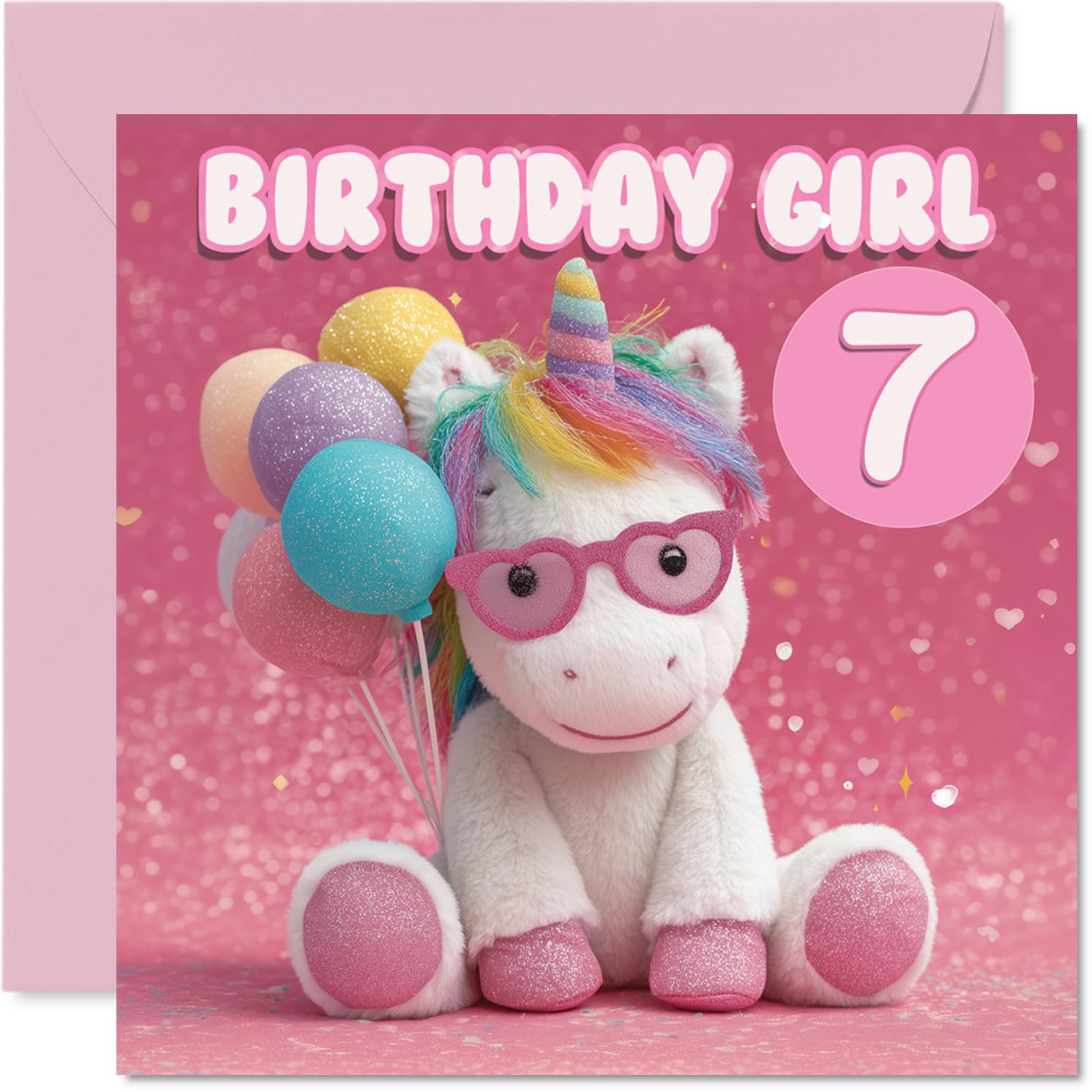 Playful 7th Birthday Card - Unicorn with Glasses Brings Birthday Sparkle - Pink Pastel Balloons & Glittery Background - 145mm Square, Envelope Included