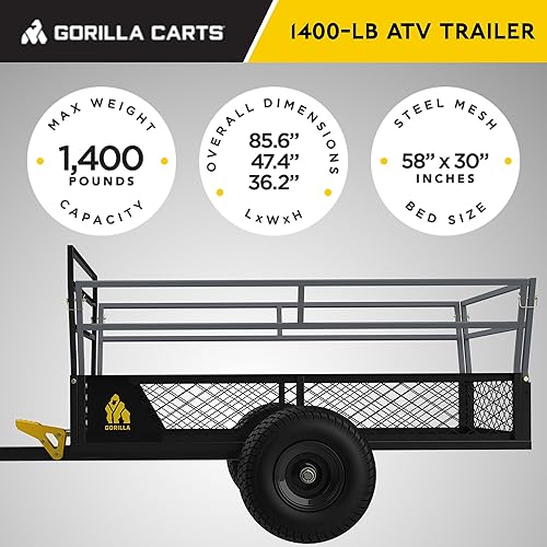 Miniatura 3 de Gorilla Carts Remolque ATV de alta resistencia, cama grande de 25 pies cúbicos, capacidad de carga de 1400 libras, color negro, carrito volquete de