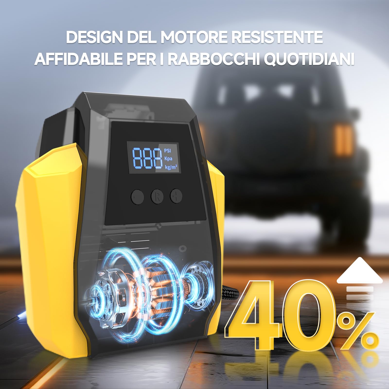 PULITUO Gonfiatore Pneumatici 12V DC - Compressore d'Aria Portatile 35L/min, 150 PSI / 10,3 Bar Pompa Auto con Arresto Automatico, Manometro Digitale e LED, Giallo