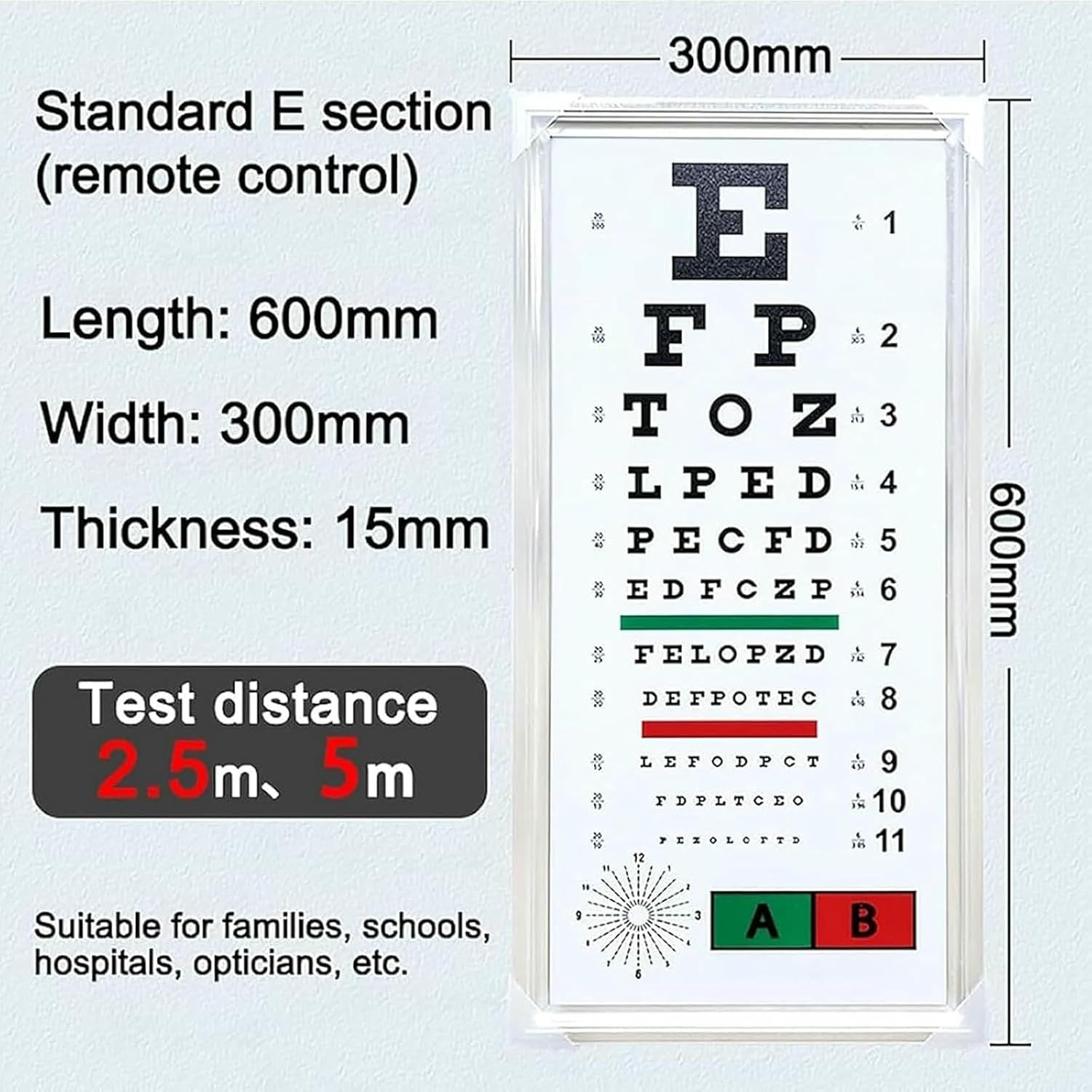 LED Eye Chart Light Box, Eye Exams Charts, Red/Green Sight Mark, with Lighting and Remote Control, 2.5/5 M Distance Measurement