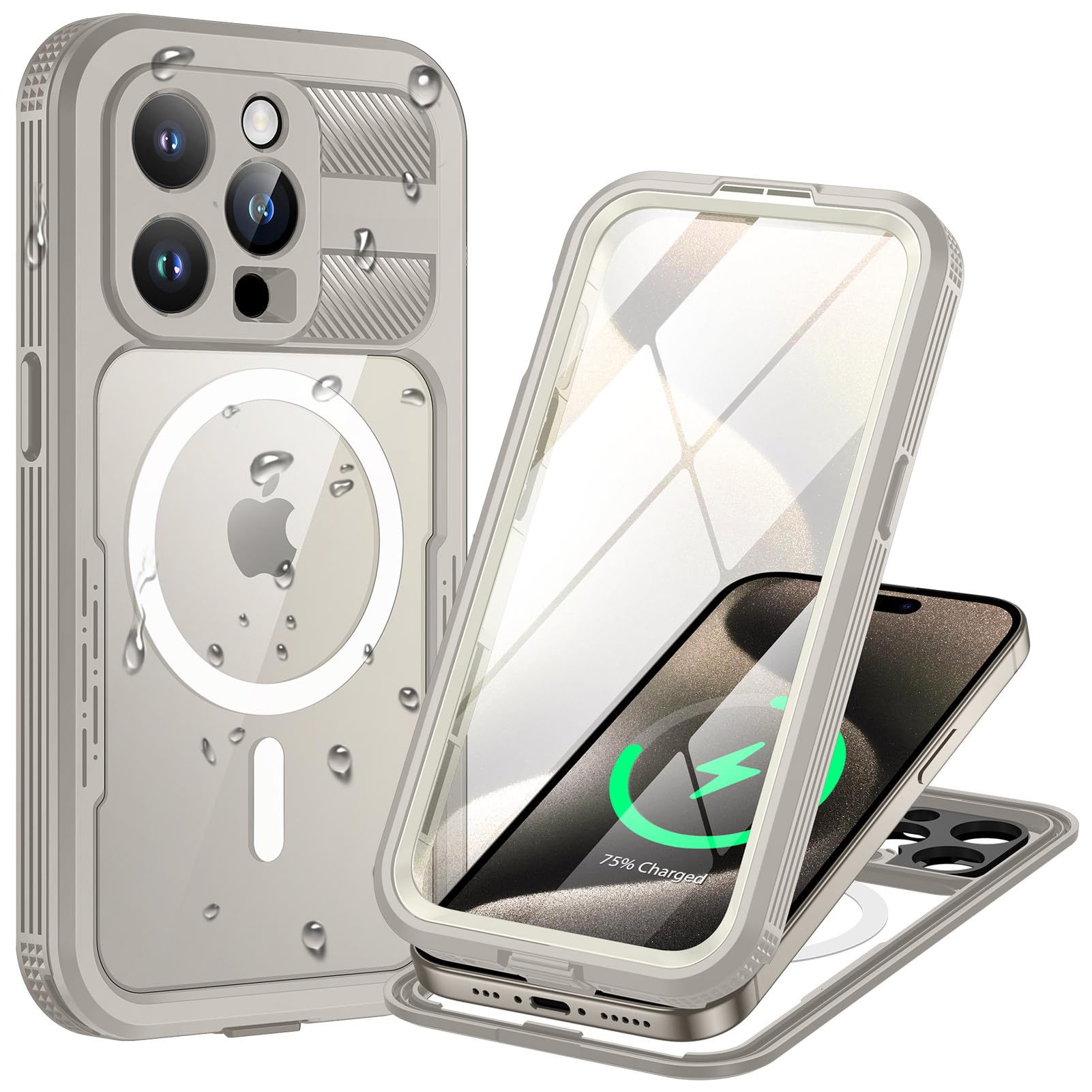 Lanhiem Magnetic for iPhone 15 Pro Case, IP68 Waterproof Dustproof Case, [Compatible with Magsafe] [Built-in Screen Protector] Full Body Heavy Duty