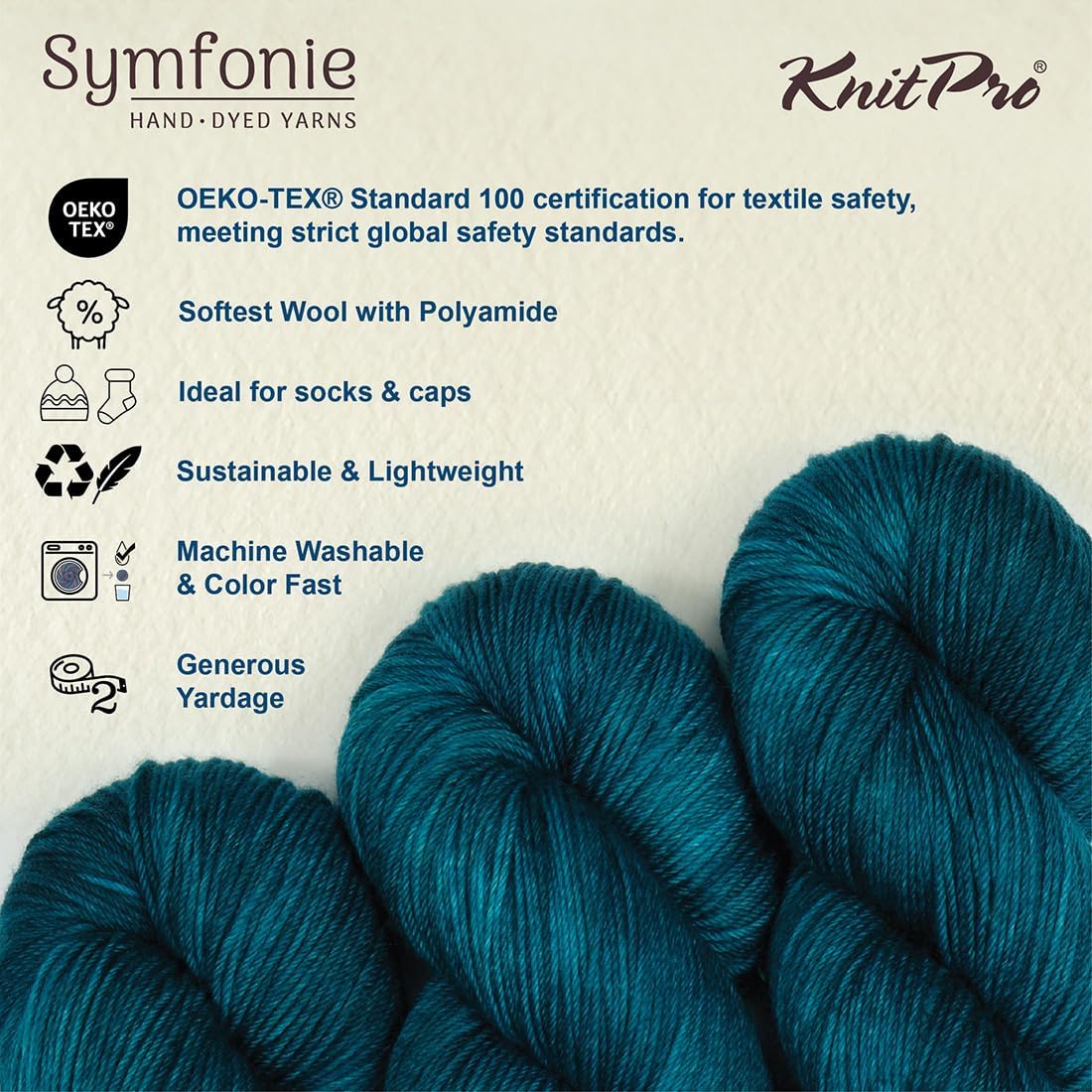 KnitPro Symfonie Fingering Weight Hand Dyed Semi-Solid Yarn Skein | Extra Fine Merino Wool & Polyamide Blend for Knitting & Crocheting, Oeko-TEX Certified 400m, 100g | Terra Peacock Green