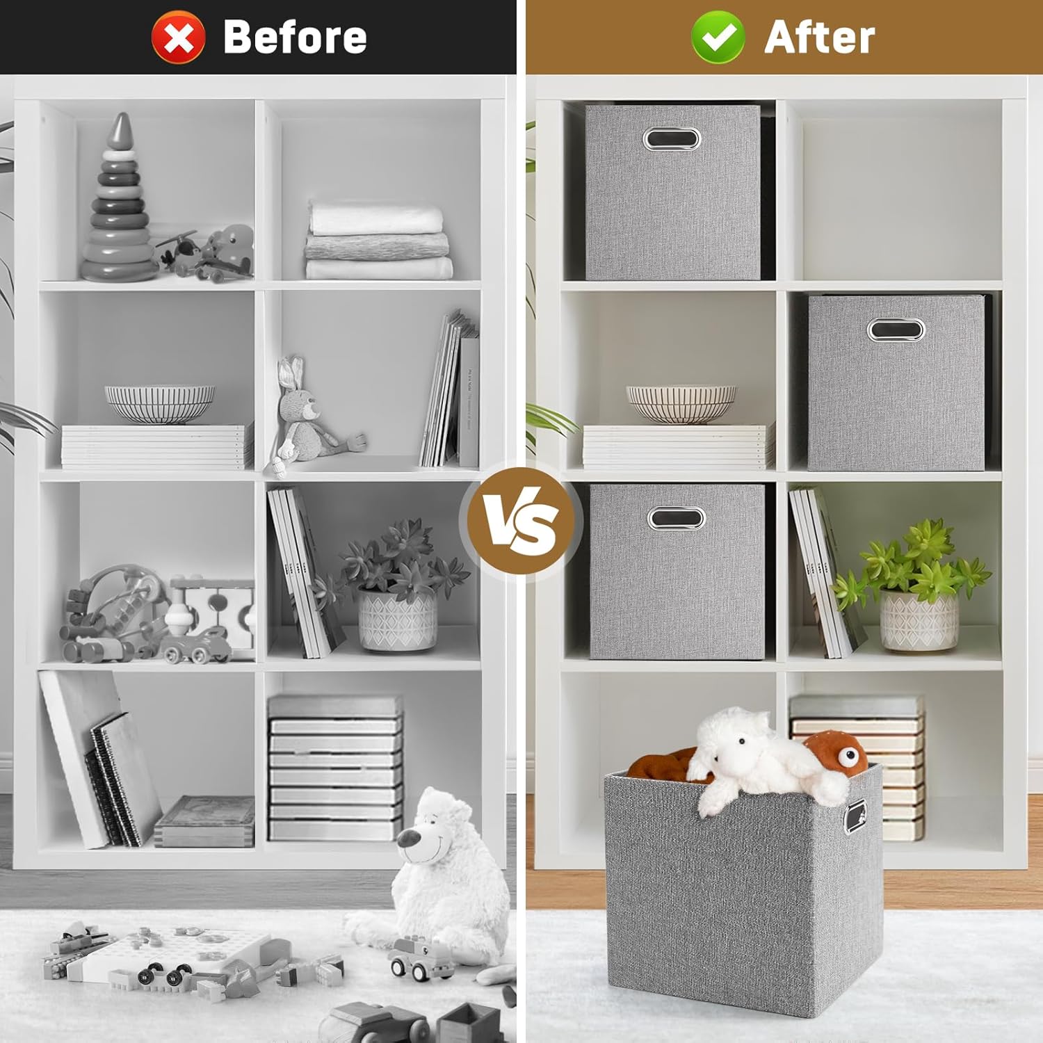 Cube Storage Bins,11 Inch Collapsible Storage Box Linen Fabric Bins with Double Handles, Storage Basket for Home, Closet, Shelves, Clothes Toy, Nursery, Decorative, 11x11, Grey, Set of 4