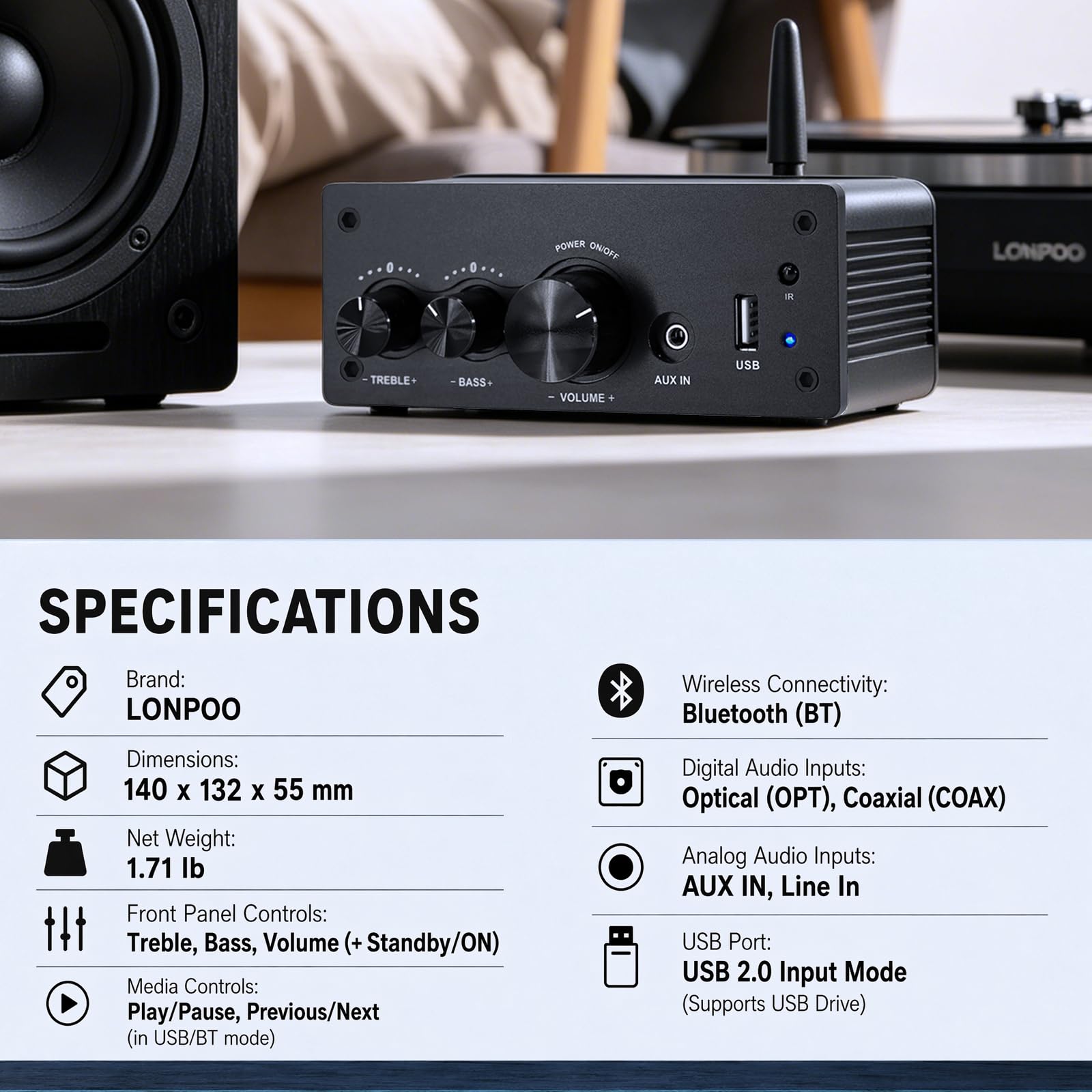 Mini Amplificatore Bluetooth HiFi con Telecomando, Amplificatore Stereo, Ingresso AUX, Uscita Audio L/R 2 Canali, 100W X2 per Diffusori by Passi Casa Audio