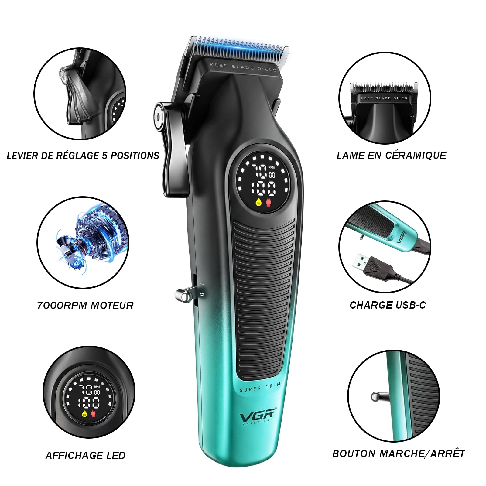 VGR 196 Tondeuse Cheveux Hommes Professionnel Sans Fil, Lames En Céramique