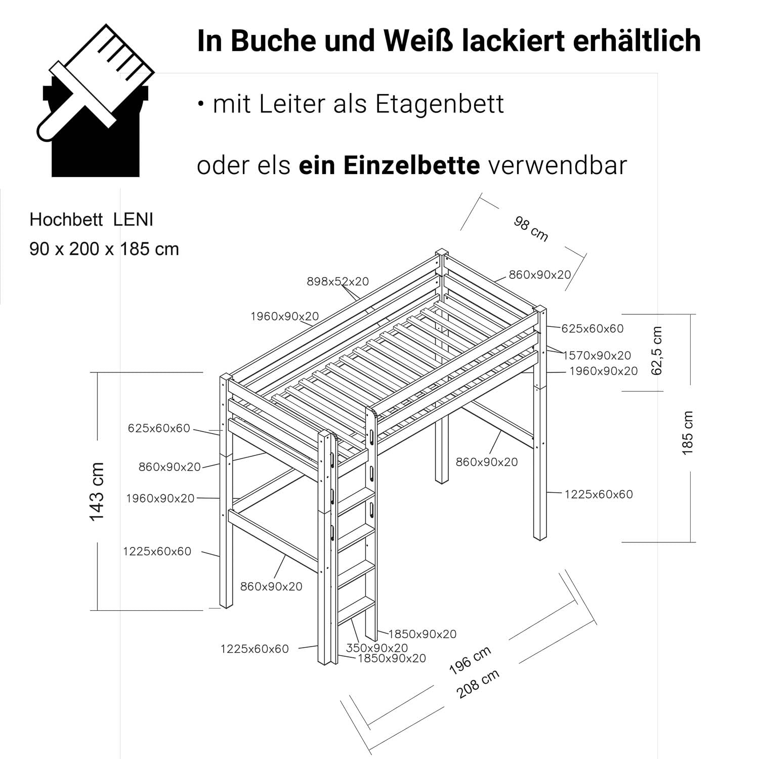 Staboos Hochbett Leni 90x200 Massivholz Kernbuche, Weiß Wasserlack