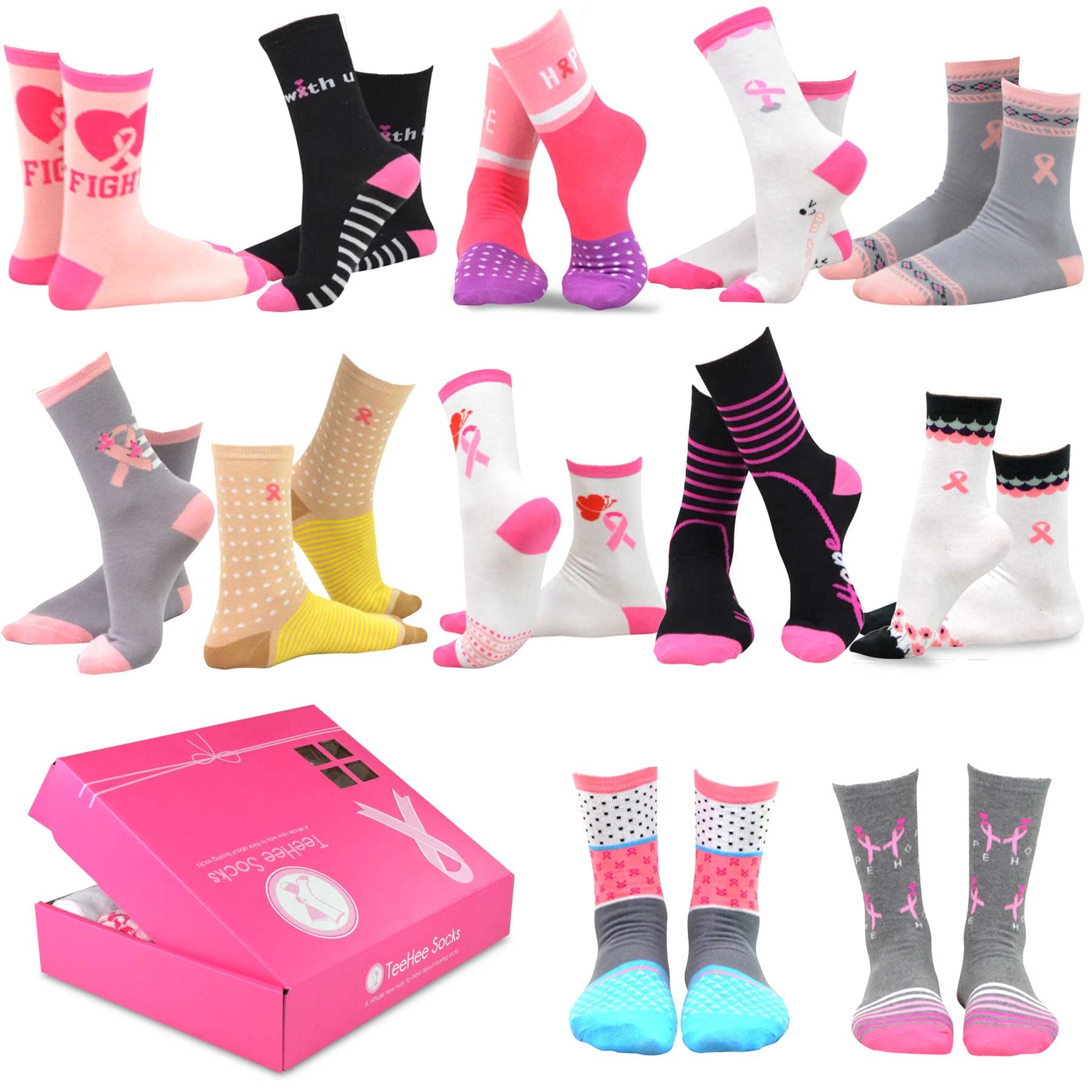 Pink Ribbon Breast Cancer Awareness Socks Knee High Crew Lowcut Women Gift for Her Cure Hope Cotton