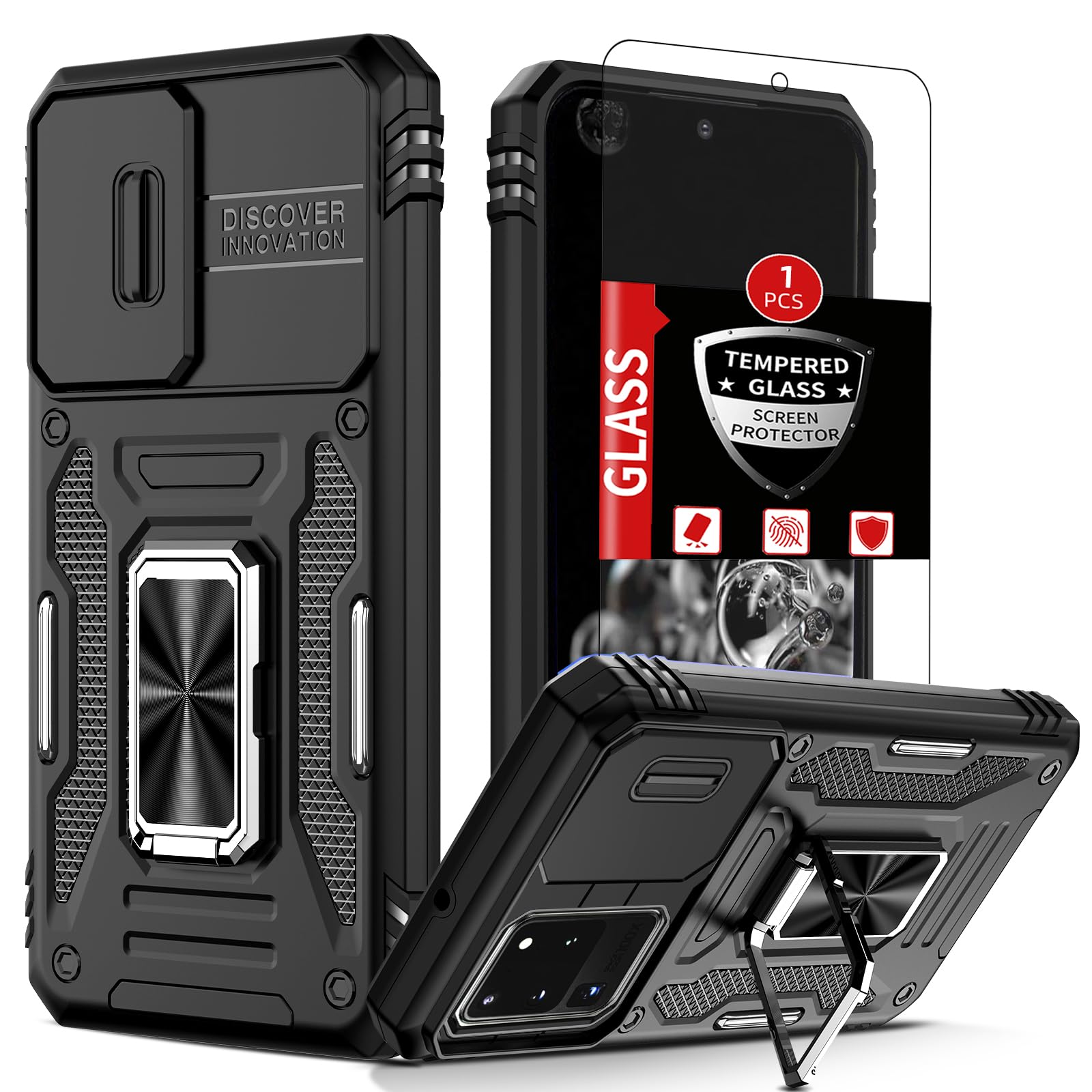 FRLMOOES for Samsung Galaxy S20 Ultra Case with Screen Protector,Built-in Slide Camera Cover Stand Ring for S20 Ultra Case Shockproof Anti-Scratch