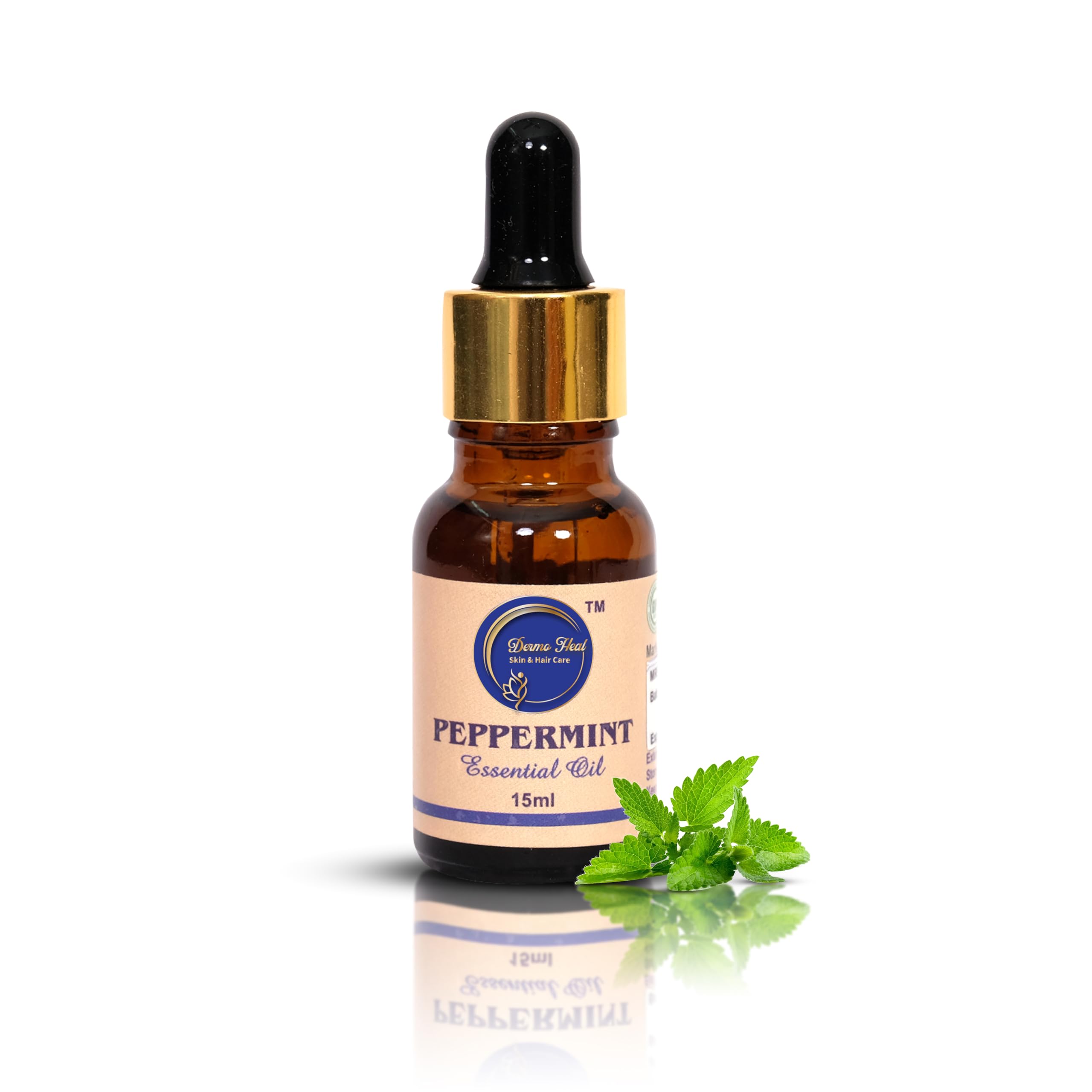 DERMO HEAL Peppermint Essential Oil/Organic/Aroma Therapeutic Grade/Natural Pure & Undiluted/Diffuser Oil/for Acne, Itchy Scalp and Skin 15ml