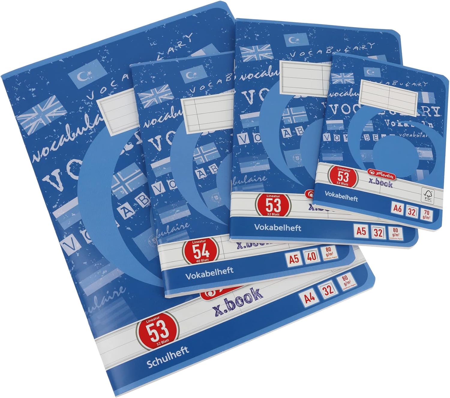 Herlitz Vocabulary Book A6 60 Sheets FSC Mix A4, 32 Sheets, Lined with Centre Line, Ruling 53