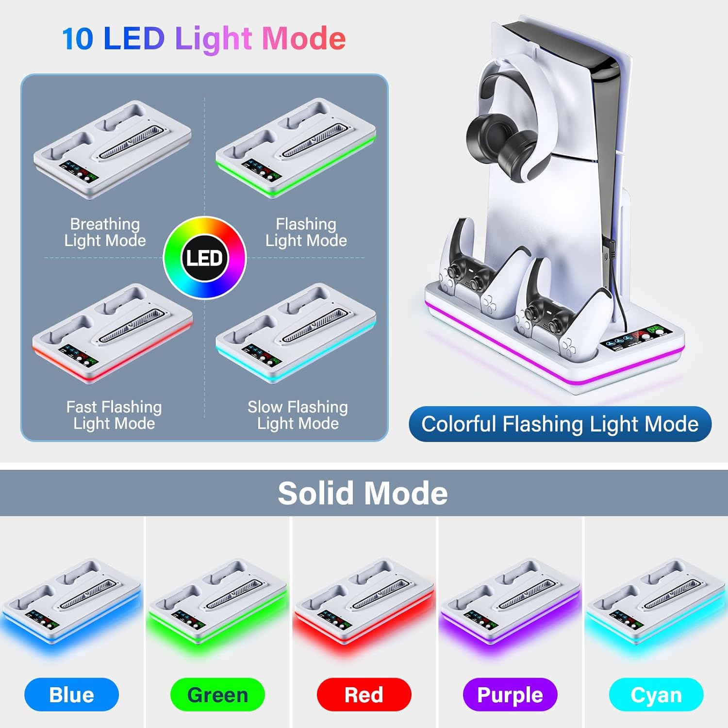 PS5/PS5 Slim Stand with Cooling Station, PS5 Cooling Stand with Dual Controller Charging Station for PlayStation 5 Disc & Digital Console, PS5 Accessory with 10 LED Light, 3-Level Cooling Fan