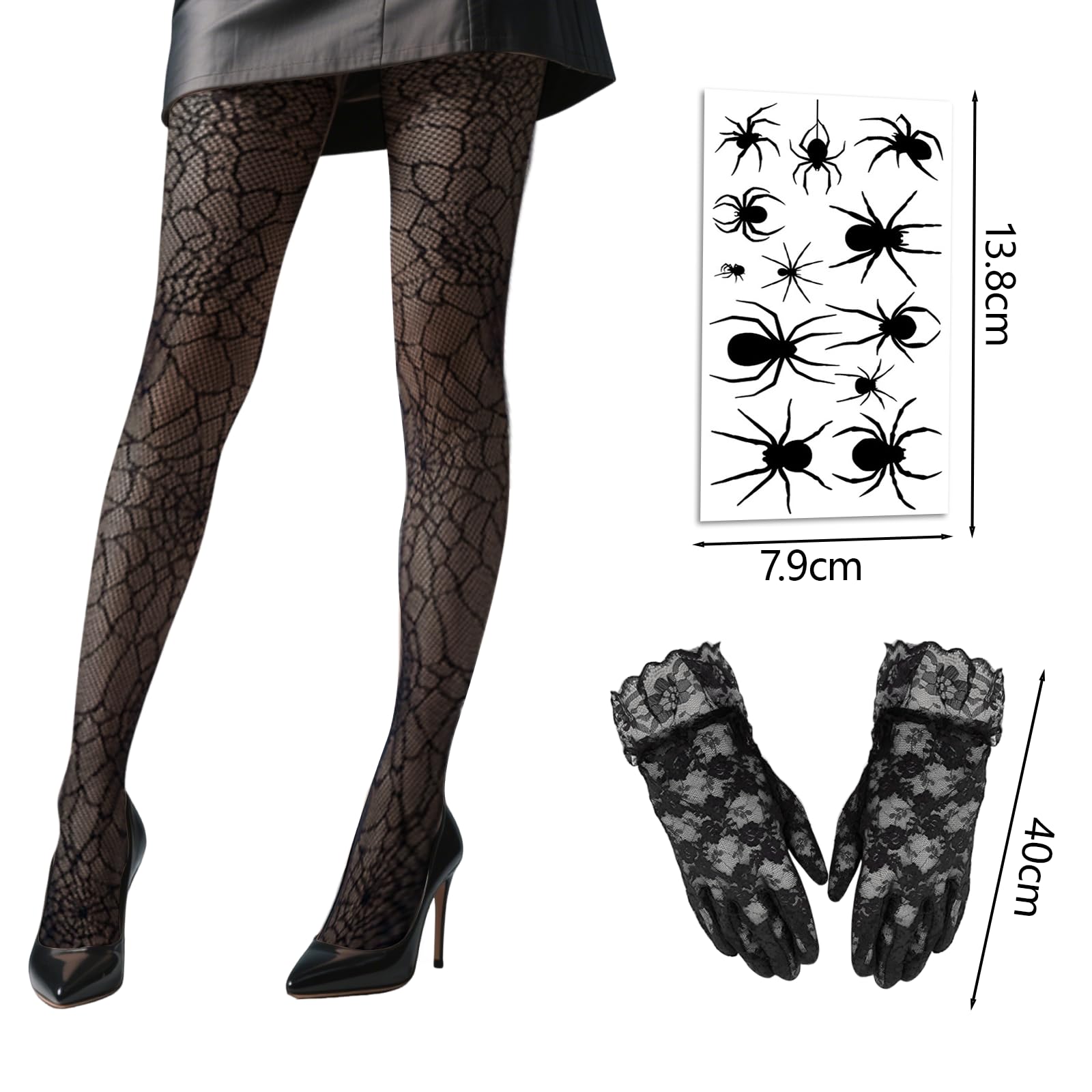 Lufdegim Pack of 4 Halloween Spider Accessories, Women's Spider Costume, Lace Gloves, Fishnet Tights - Image 2