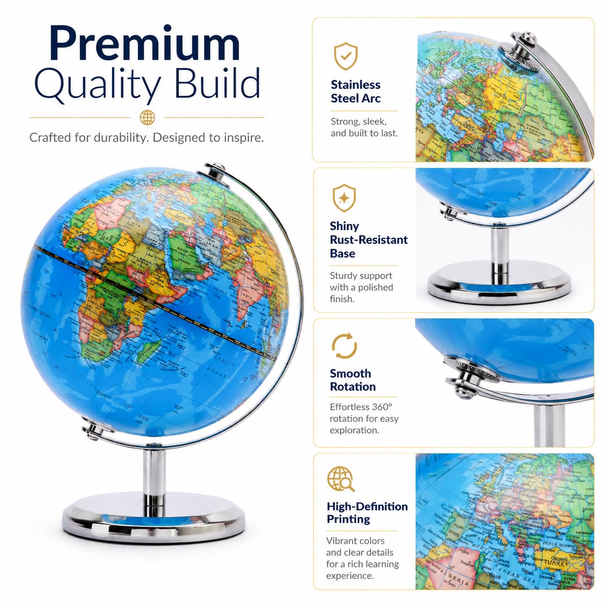 Exerz Globe Terrestre 20cm, Carte en Anglais, Globe Politique Moderne, Décoratif et Éducatif avec Arc et Base en Acier Inoxydable