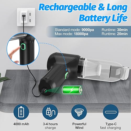 Miniatura 5 de Aspirador portátil para automóvil sin cable 18000 Pa de succión de alta potencia mejorada sin escobillas, aspiradora de mano 3 en 1 recargable, mini