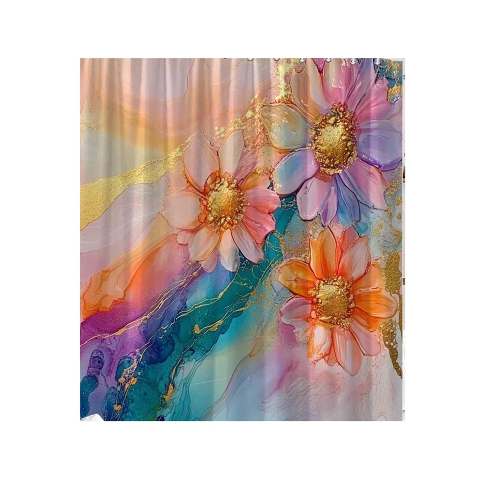 Cortina de Ducha Acuarela Floral Vibrante con Detalles Dorados, Flores Rosas, Naranjas y moradas sobre Fondo Pastel Suave (1 Unidad)