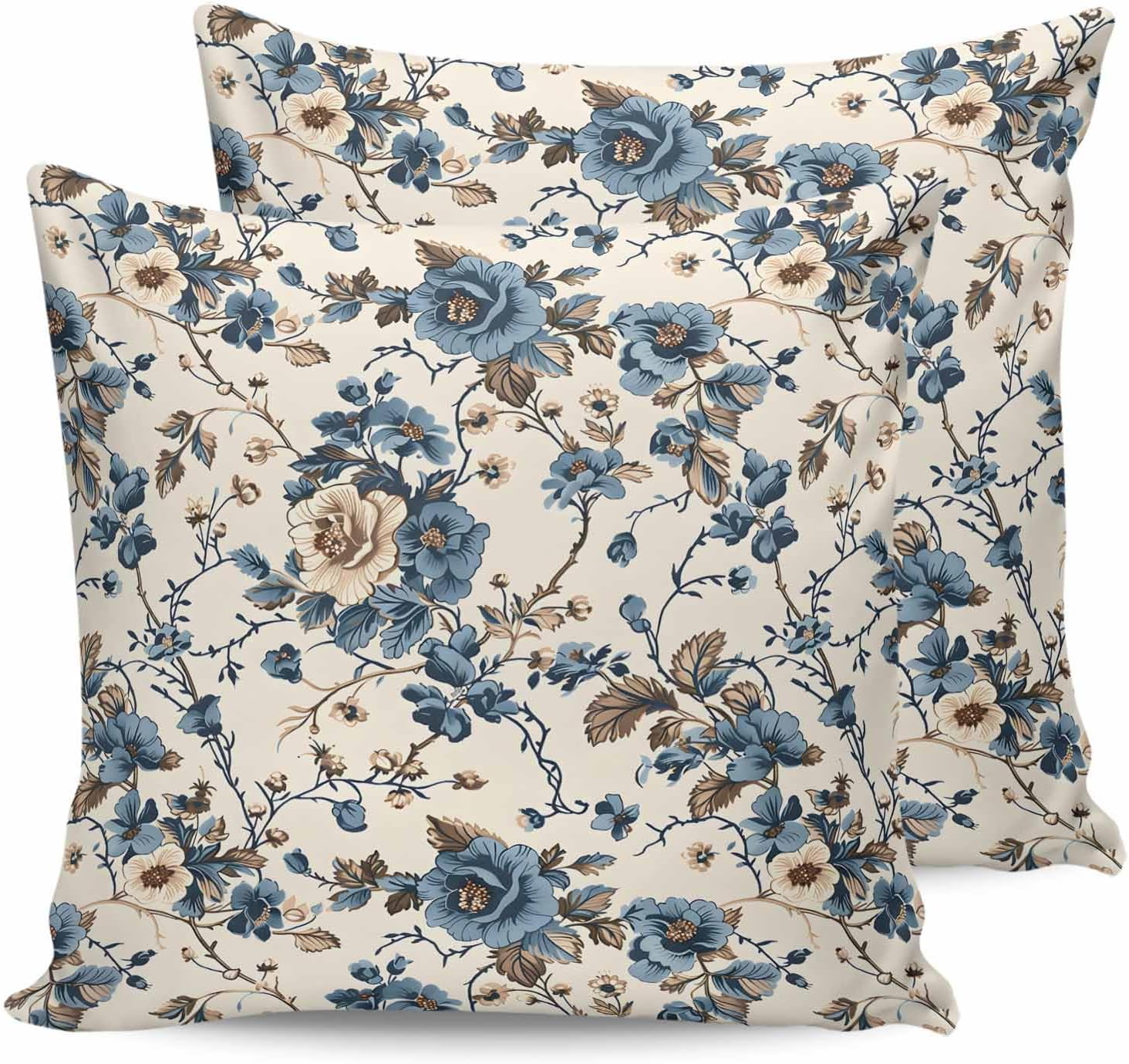 Vintage Floral Outdoor Waterproof Pillow Covers Pack of 2, Beige Blue Brown Flowers Rustic Farmhouse Decorative Throw Pillowcases Polyester Cushion Covers for Garden Patio Tent Sofa Couch, 24x24 inch