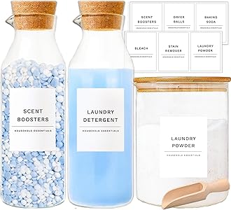 KOSKIMER Glass Laundry Detergent Dispenser Set, Liquid Detergent Containers, Scent Booster & Bleach Dispenser for Laundry Room (2 Bottles & Jar)
