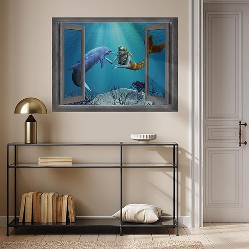 Miniatura 4 de wall26 Decoración creativa de pared con ventana abierta, hermoso dibujo de interacción de sirena y delfín, mural de pared, adhesivo extraíble, 36 x
