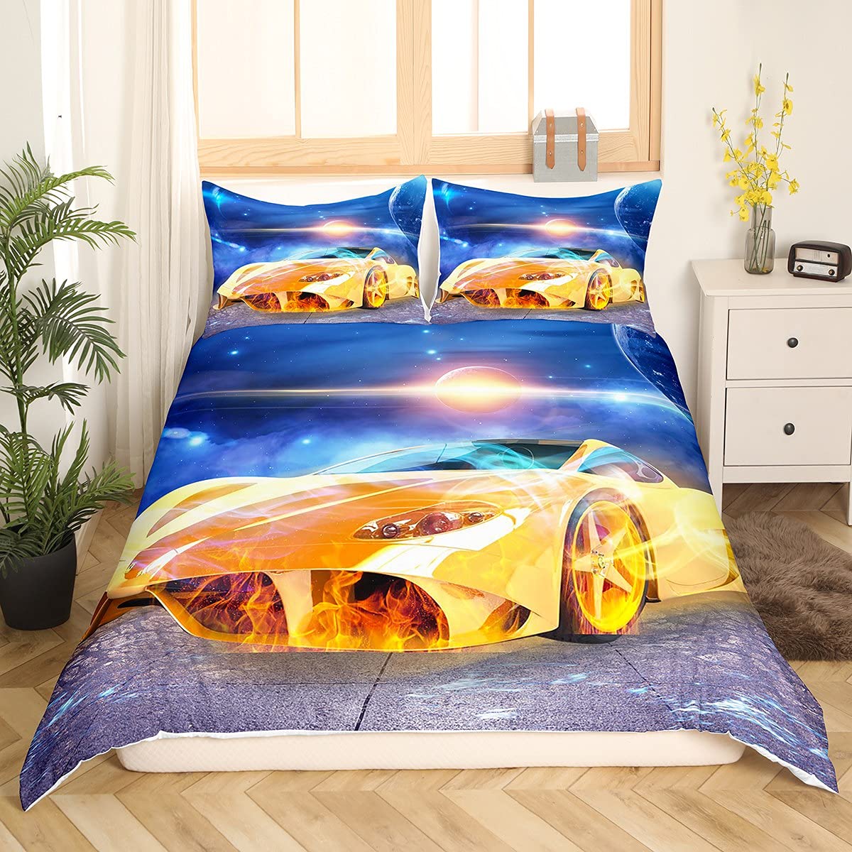 Housse de couette voiture de course 3D parure de lit microfibre 2 pièces enfant garçon