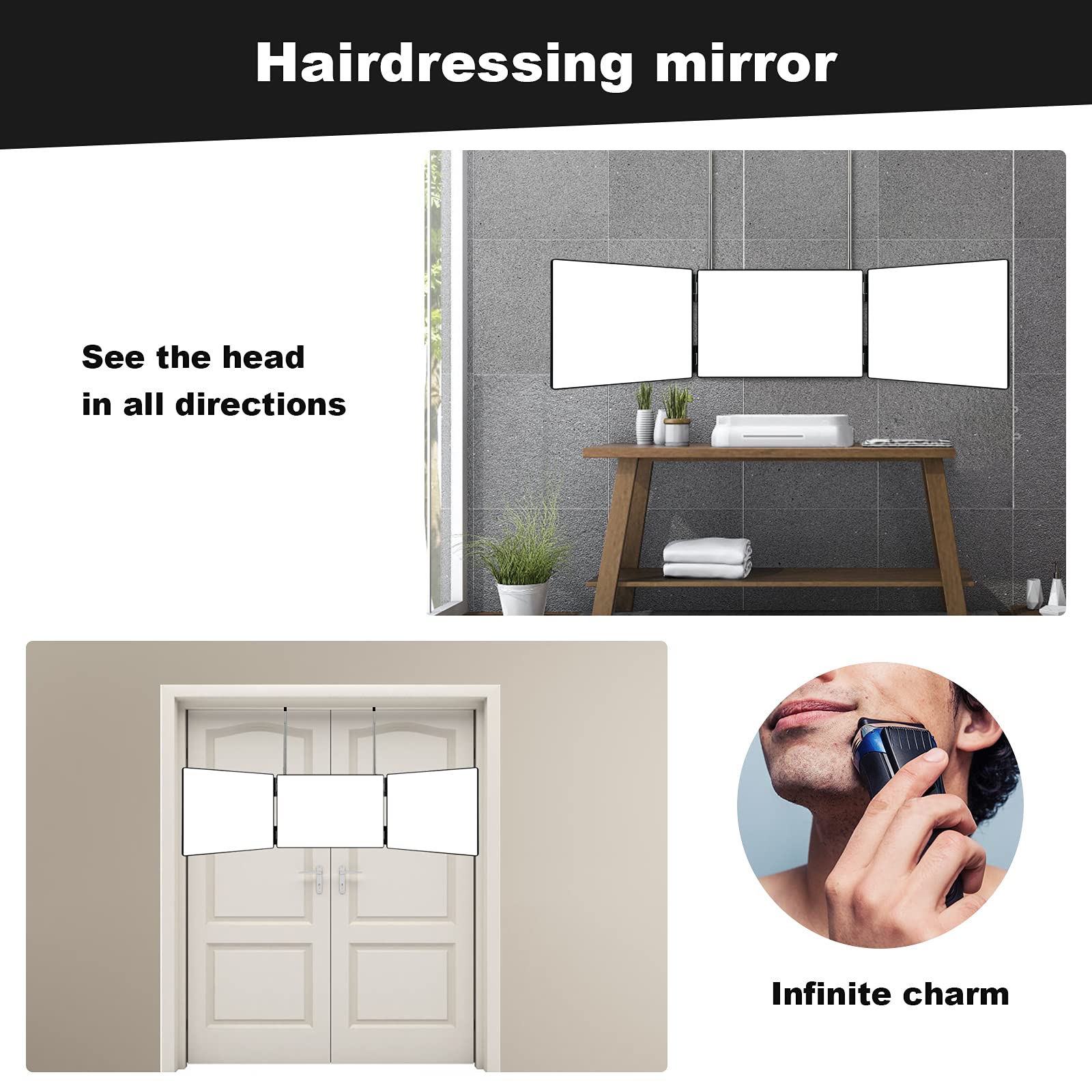 3-Wege-Spiegel zum Haarschneiden, mit verstellbaren Höhen-Halterungen, zum Aufhängen für Haarschneiden, Rasieren und Make-up.