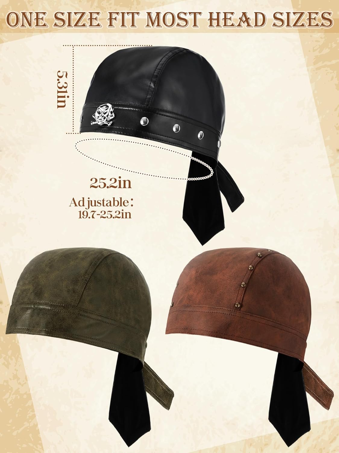 3 Pcs Leather Biker Cap Adjustable Skull Cycling Bandana Studded Unisex Motorcycle Headwrap Black Hats for Women Men - Image 3
