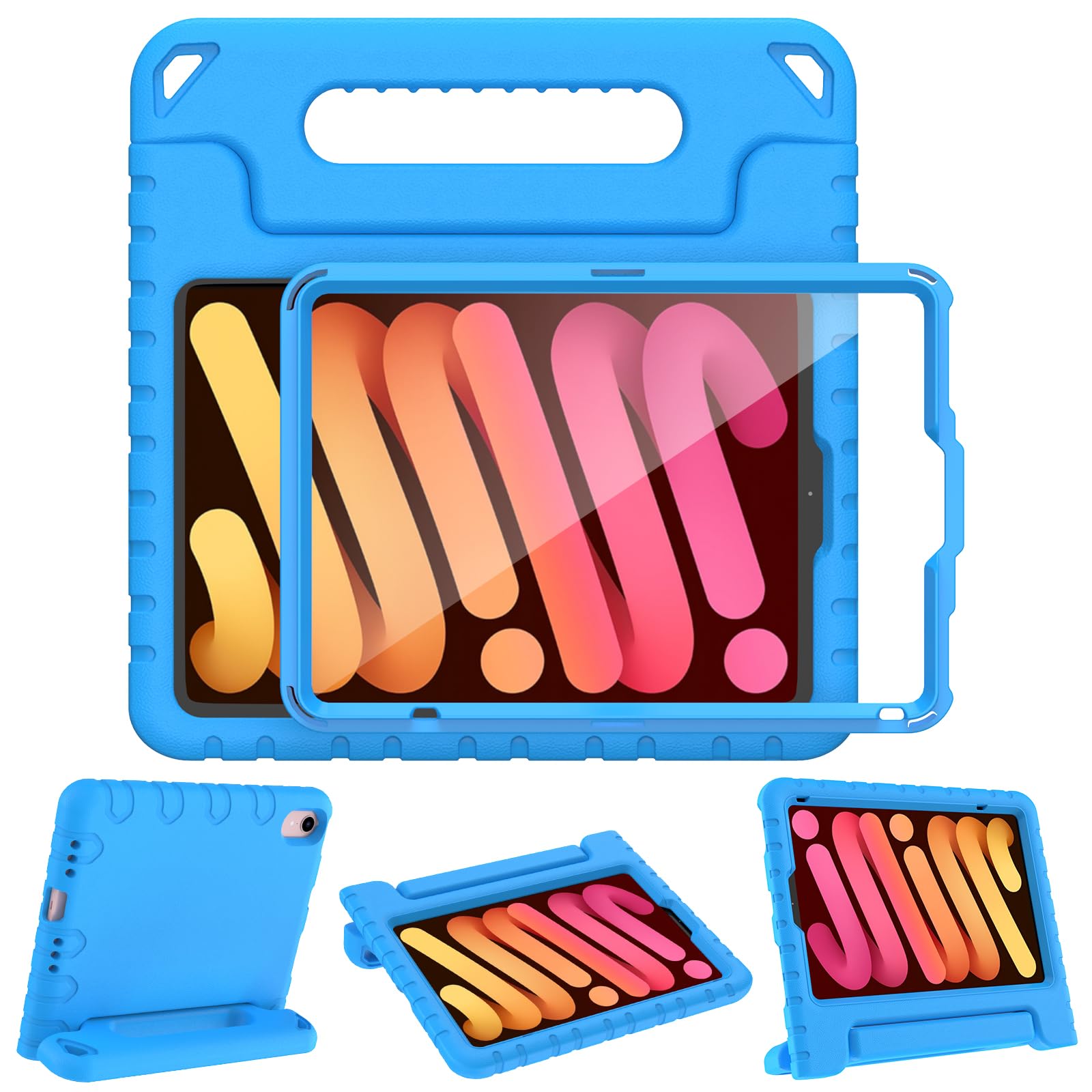 AVAWO Kids Case for iPad mini 7 (A17 Pro) 2024 8.3 inch, Mini 6 2021 with Built-in Screen Protector, Shockproof Lightweight Handle Stand Cover for Model (A2995/A2996, A2567/A2568/A2569), Blue