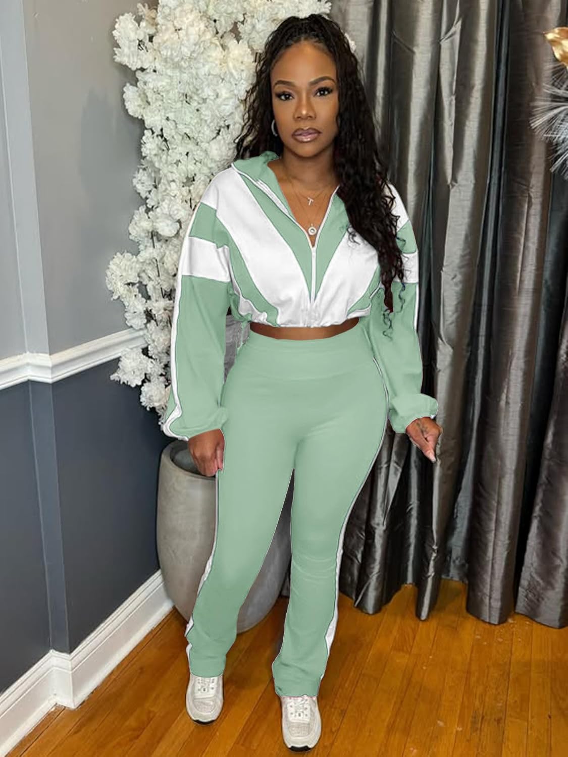 Vssjavun Women 2 Piece Outfit Color Block Long Sleeve Zip Drawstring Cropped Jacket Bodycon Long Pants Set Sweatsuit - Image 4