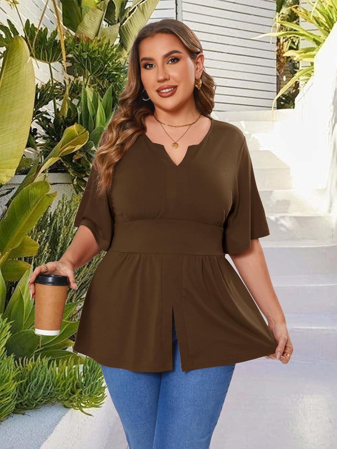 Beauhuty Women's Plus Size Shirts V Neck Loose Tops Ruffle Short Sleeve Blouse Casual Work Trendy Dressy Slit Hem Tunic - Image 2