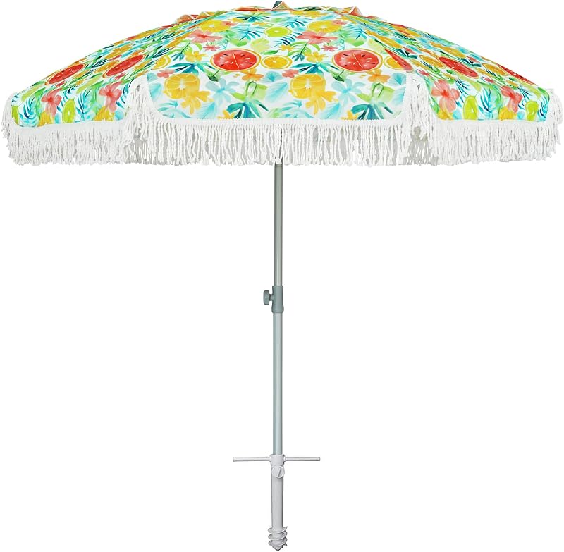 6.5ft Heavy Duty Fringe Beach Umbrella with Sand Anchor Tilt UPF50+ | Windproof,Carry Bag for Patio Garden Pool Backyard, Height Adjusting for All-Day Shade, Removable Sand Anchor