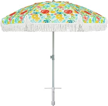 AMMSUN 6.5ft Beach Umbrella with Sand Anchor, Heavy Duty Windproof Beach Patio Umbrella with fringe Tilt & UPF 50+ Sun Protection, Carry Bag for Beach Pool Garden Backyard