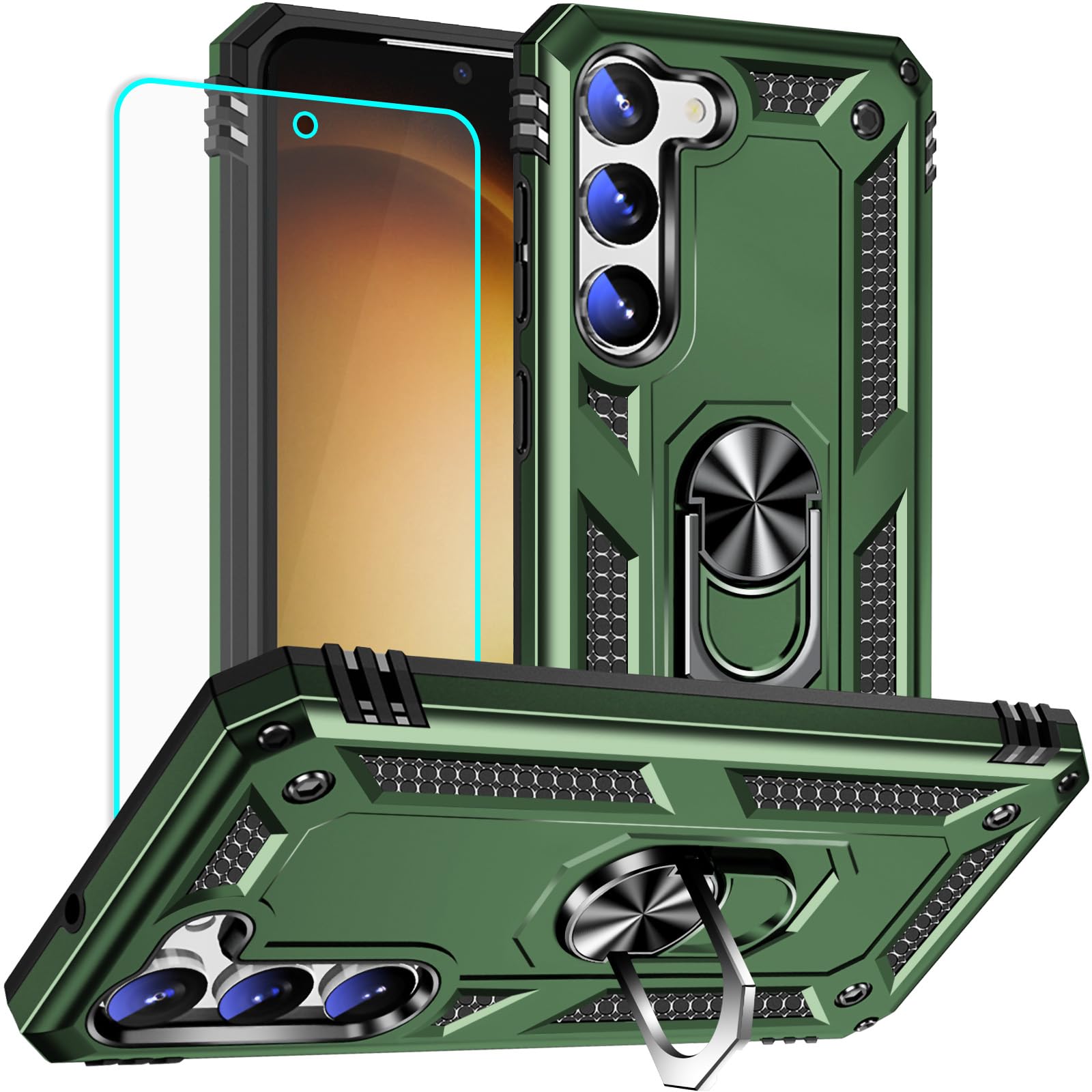 Yiakeng for Samsung Galaxy S23 Case with Screen Protector:[Military Grade Drop Tested] Ring Holder Kickstand Shockproof Anti-Slip Protective Phone Case for Galaxy S23 -Army Green