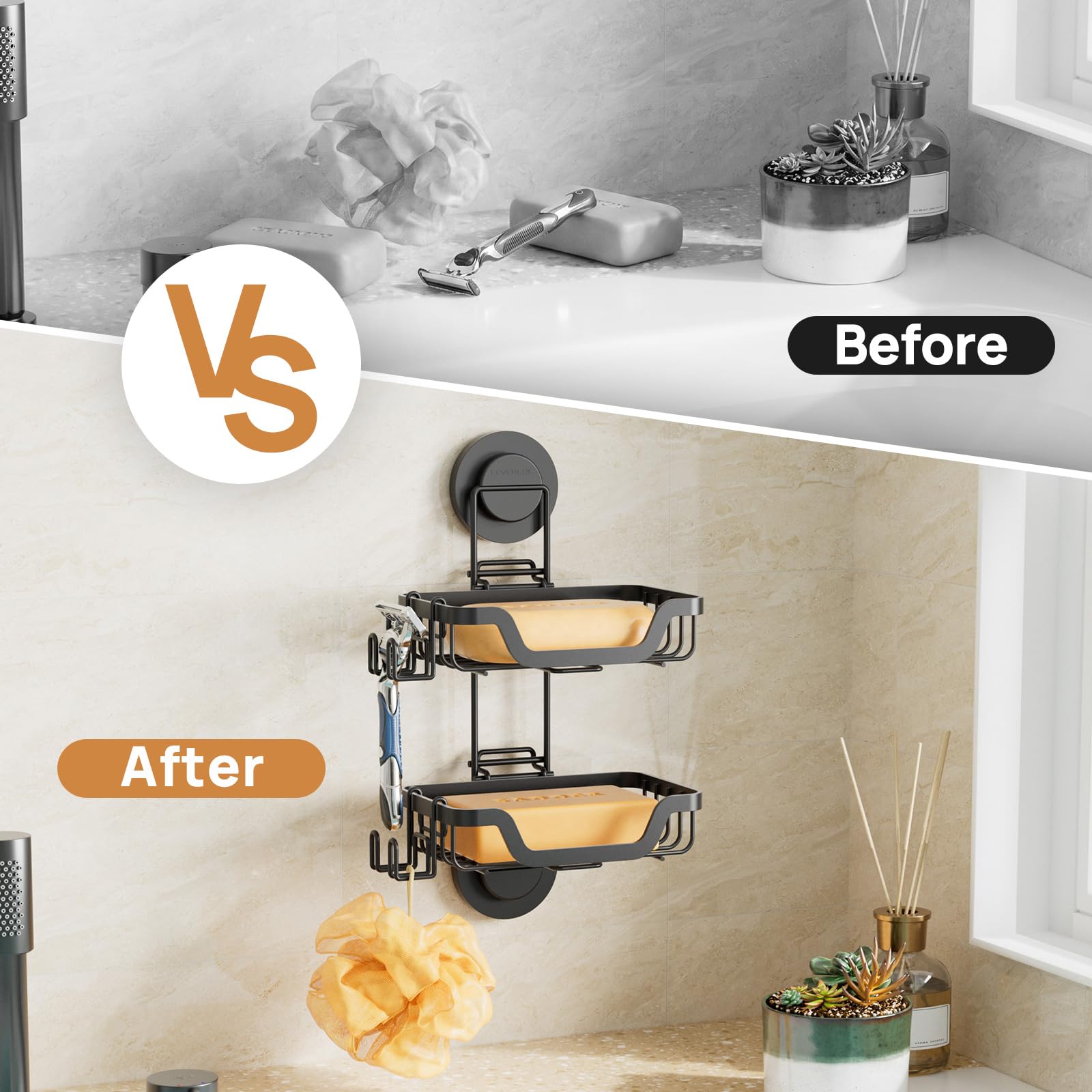 LEVERLOC Soporte de jabón de ducha con ventosa montado en la pared, jabonera de doble capa para ducha, baño, bañera y fregadero de cocina, soporte extraíble a prueba de óxido, color negro